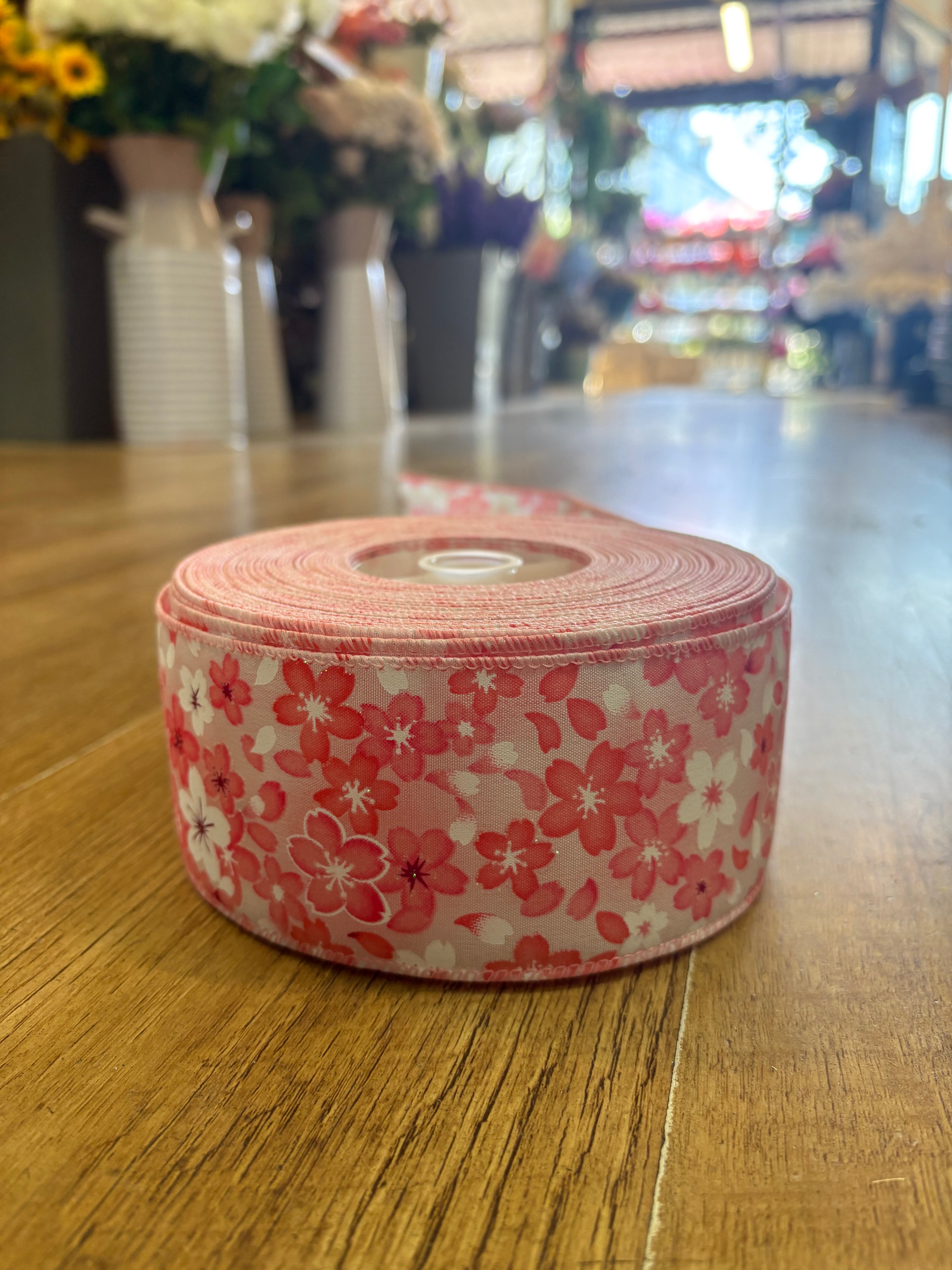 2.5inch pink and white floral wired ribbon - 1 metre