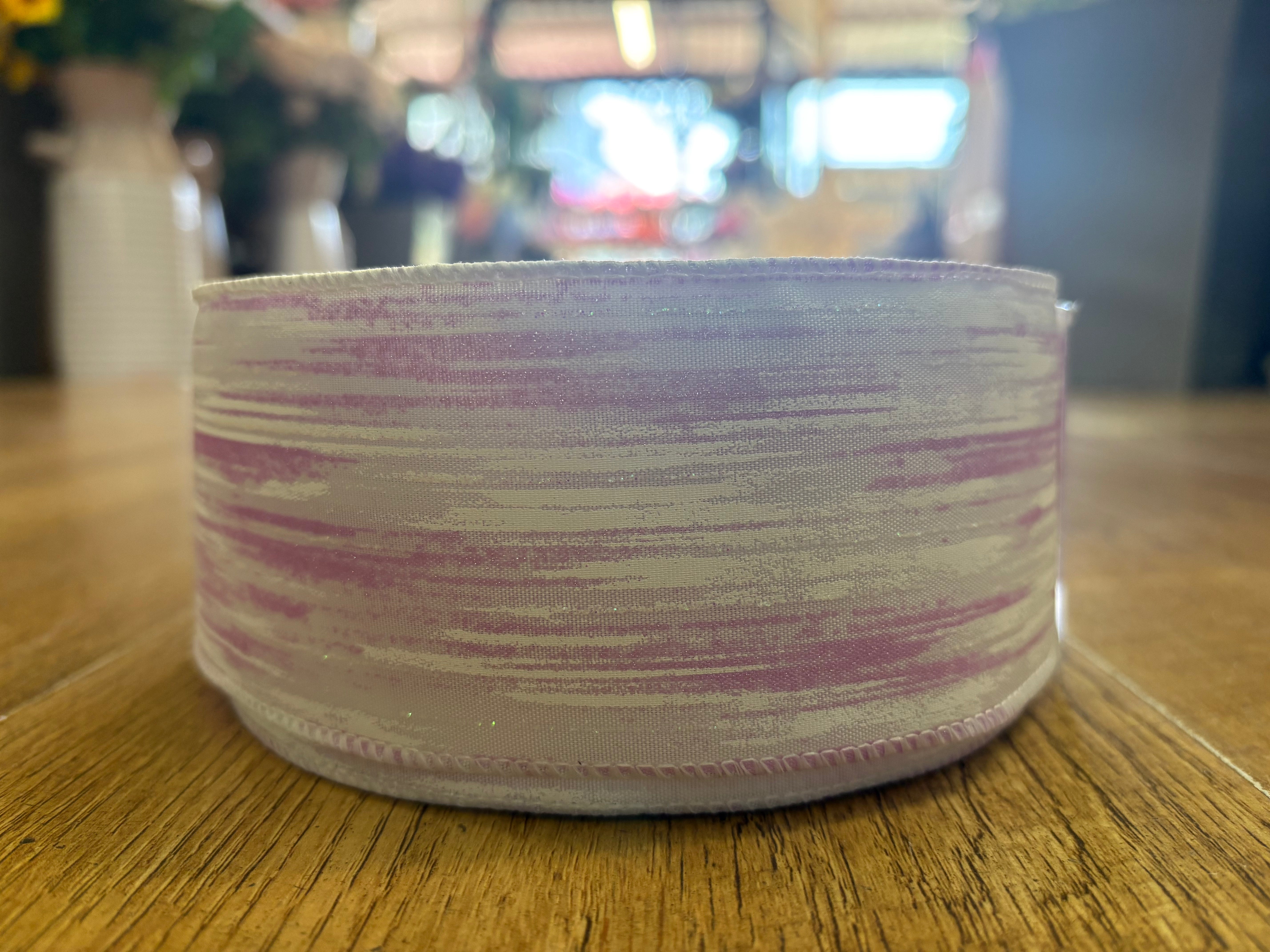 2.5inch lilac and white abstract wired ribbon - 1 metre