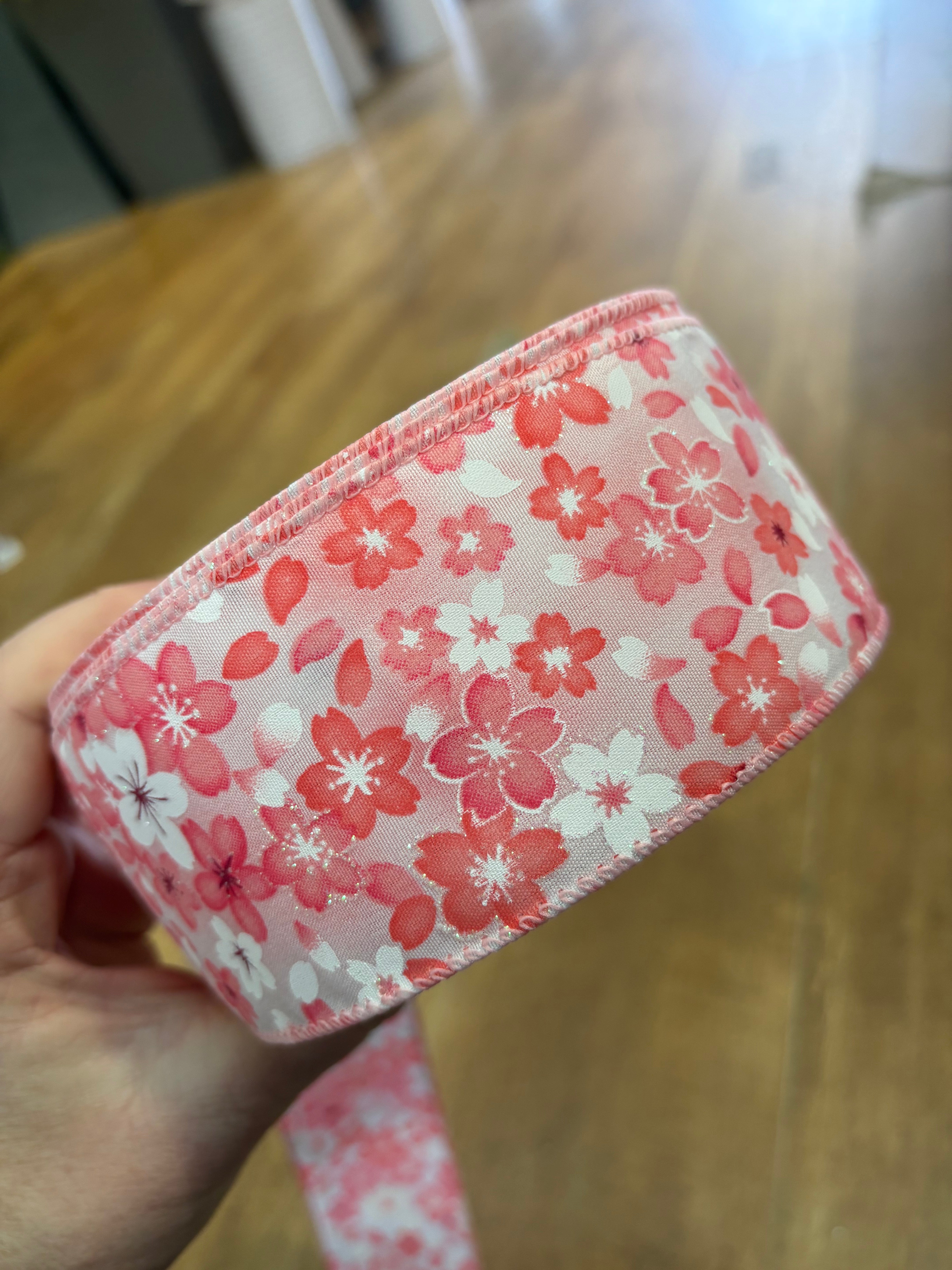 2.5inch pink and white floral wired ribbon - 1 metre