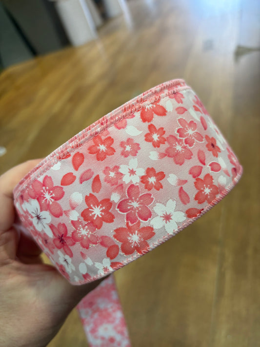 2.5inch pink and white floral wired ribbon - 1 metre