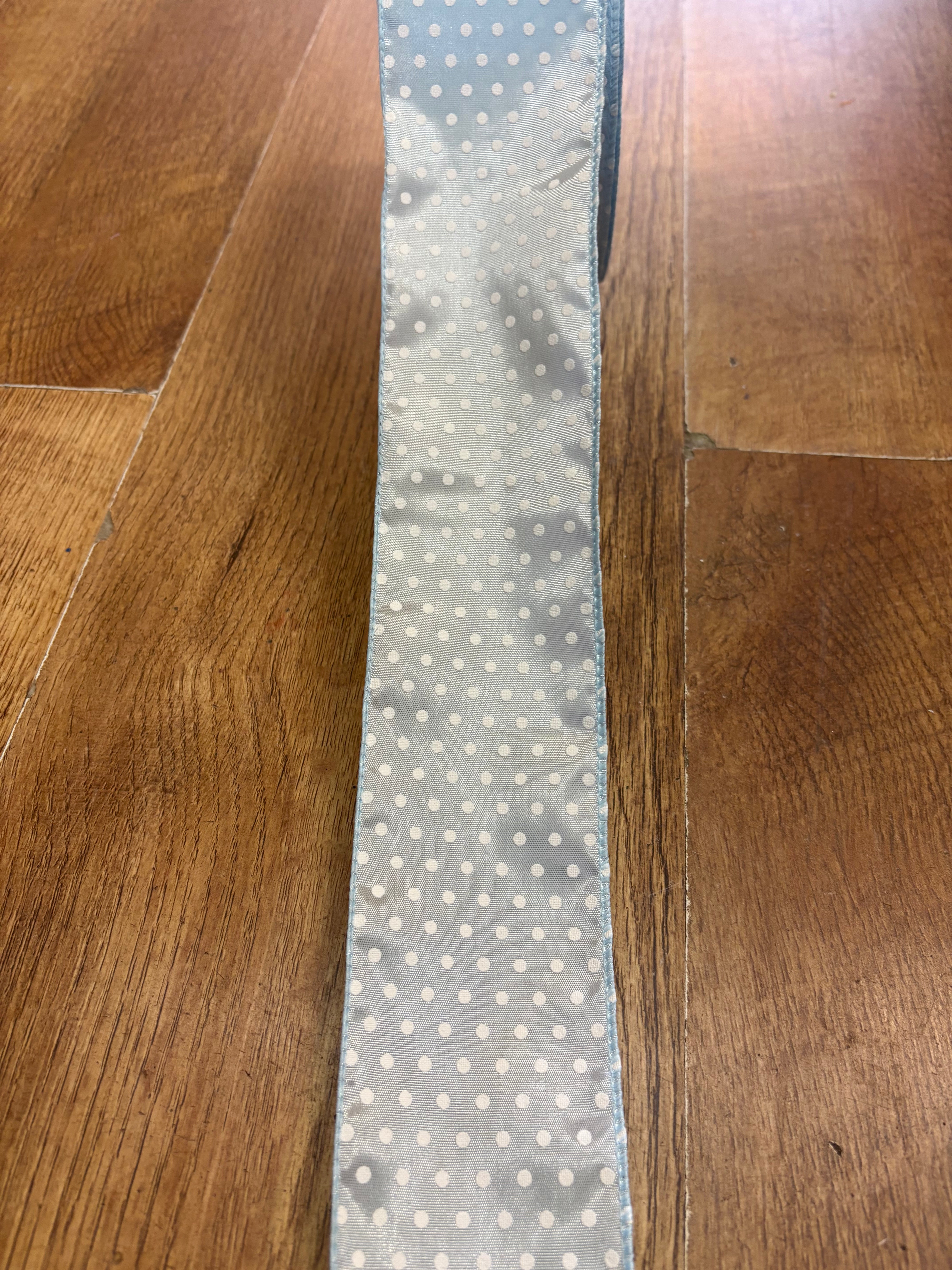 2.5inch pale blue and white spotted wired ribbon - 1 metre