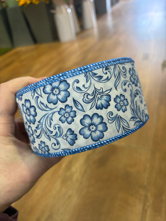 2.5inch blue and white floral wired ribbon - 1 metre