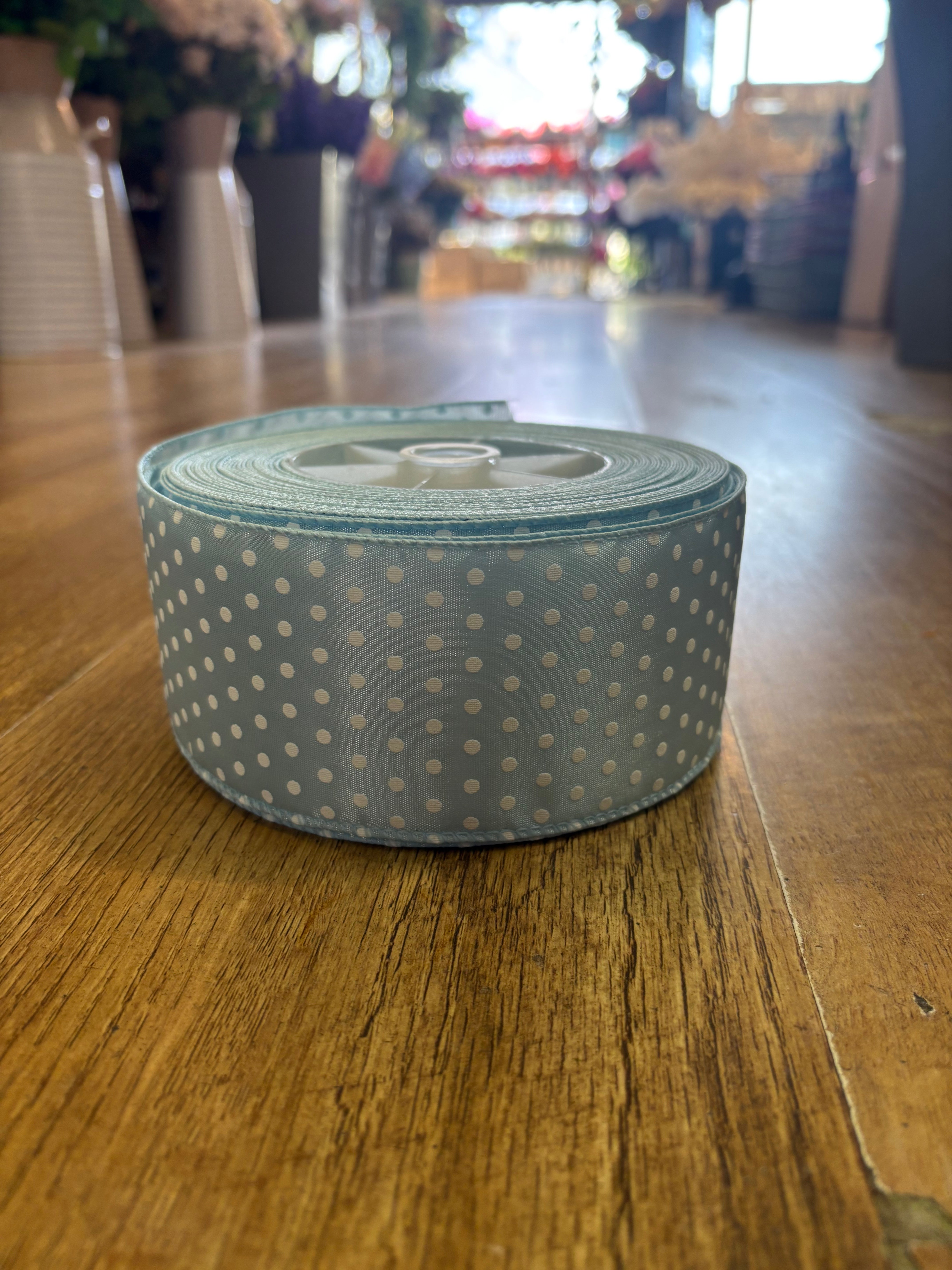 2.5inch pale blue and white spotted wired ribbon - 1 metre
