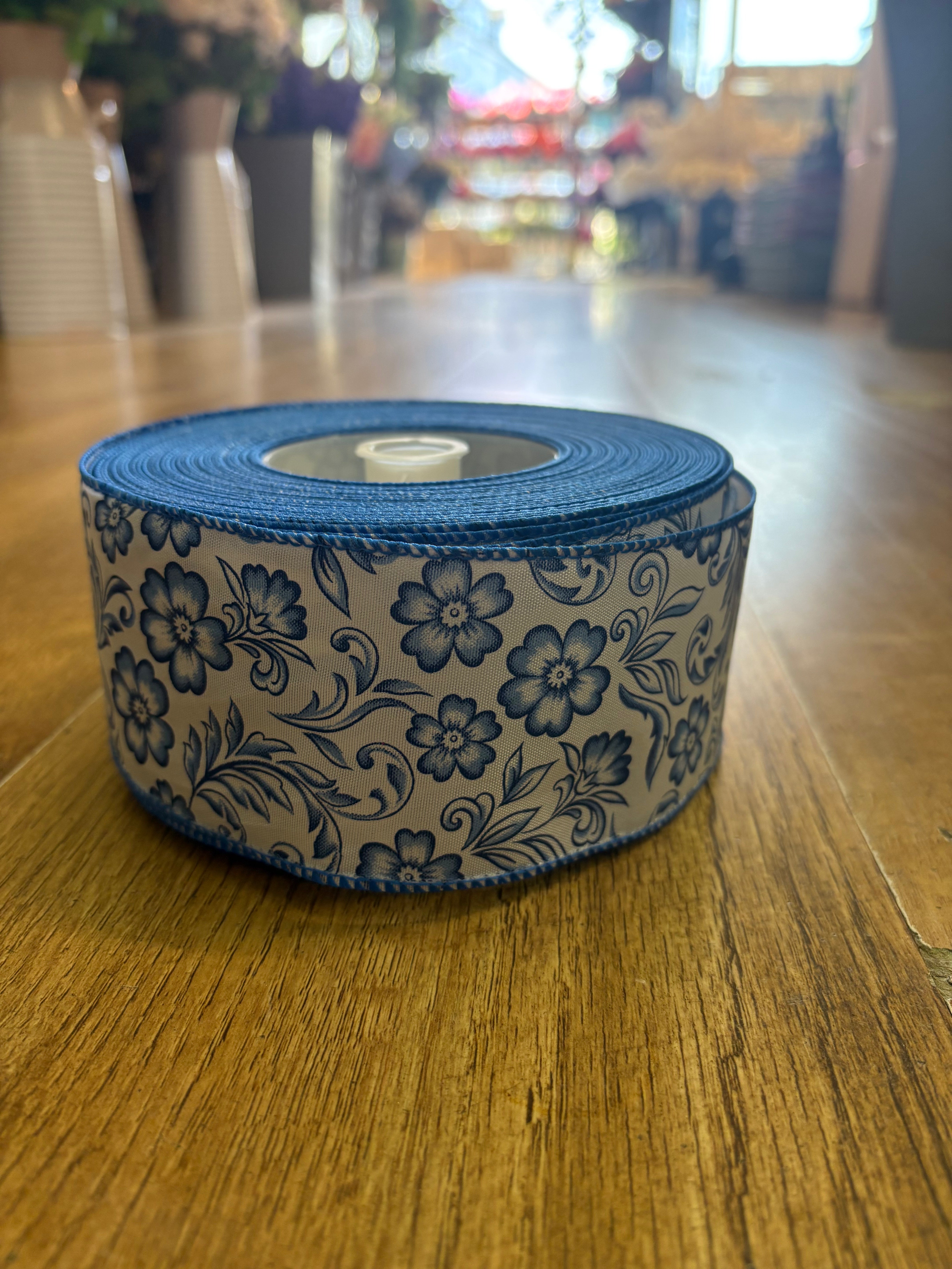 2.5inch blue and white floral wired ribbon - 10 metres