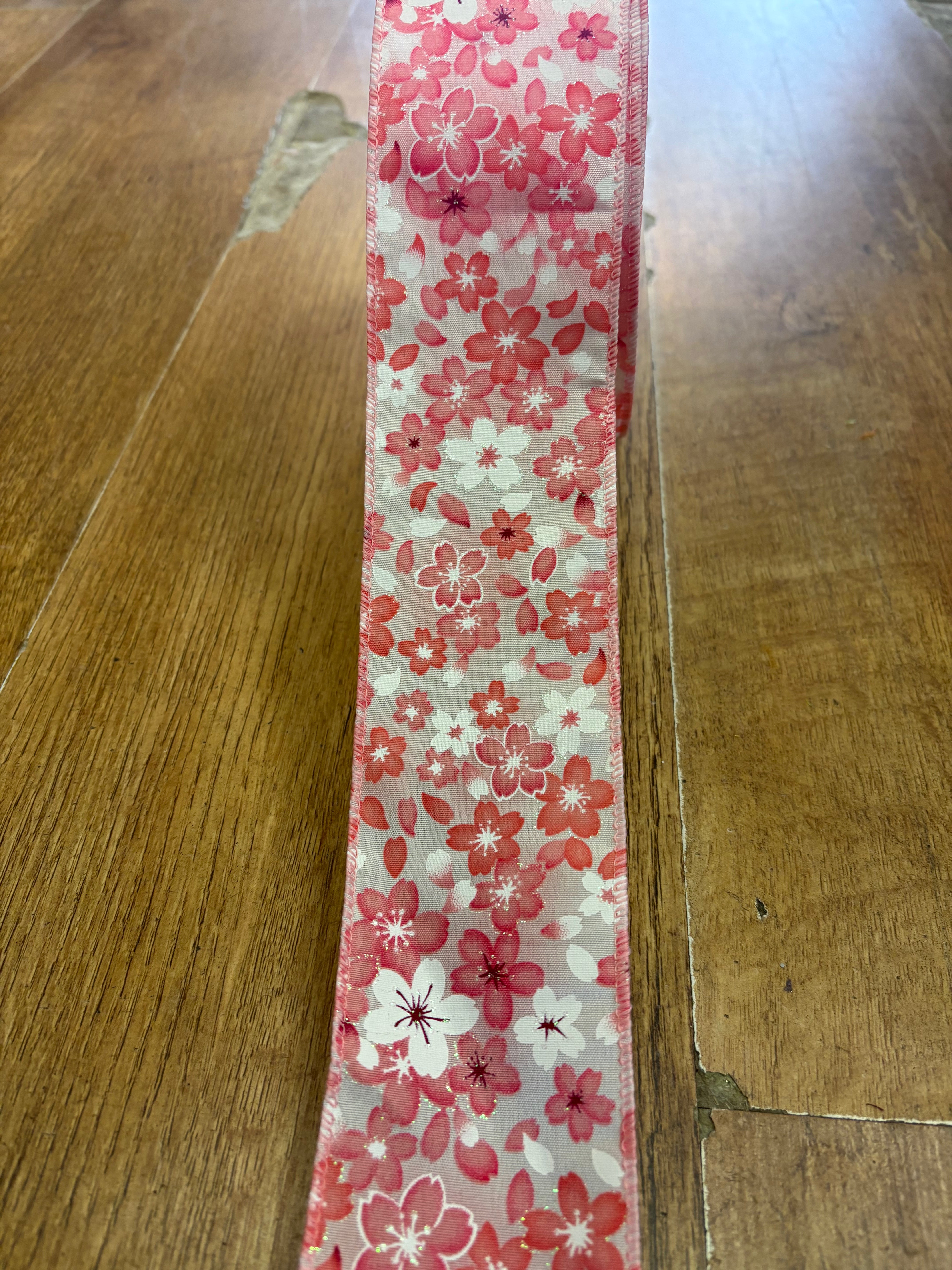 2.5inch pink and white floral wired ribbon - 1 metre