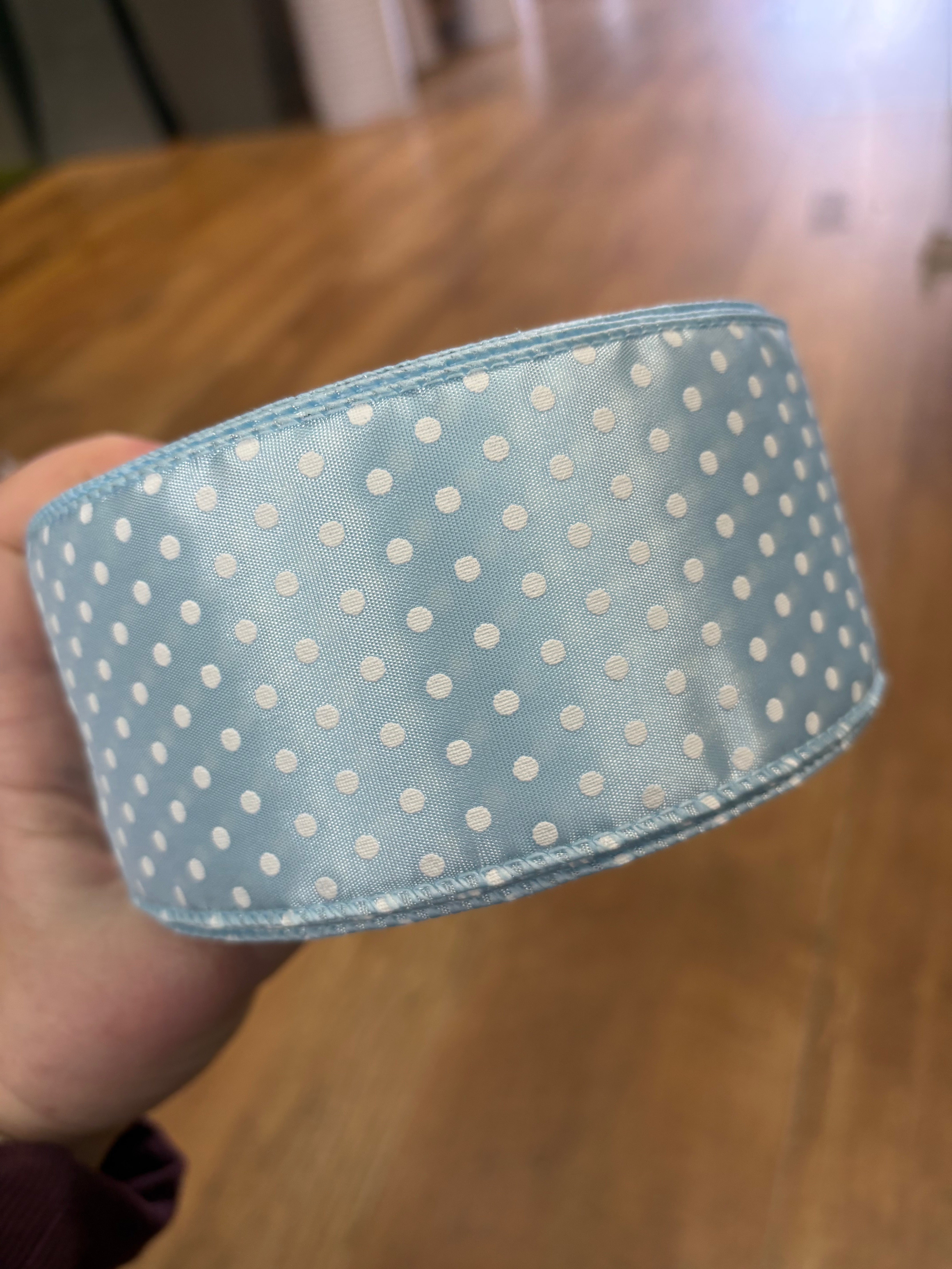 2.5inch pale blue and white spotted wired ribbon - 1 metre