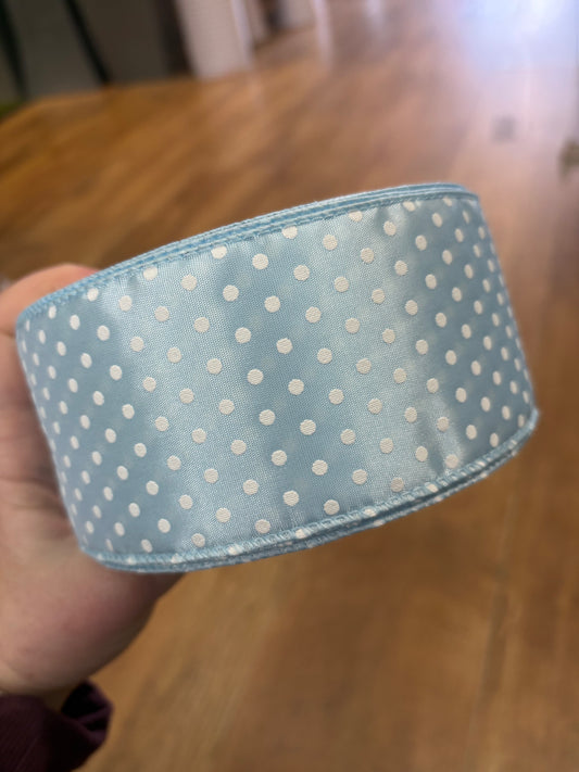 2.5inch pale blue and white spotted wired ribbon - 1 metre