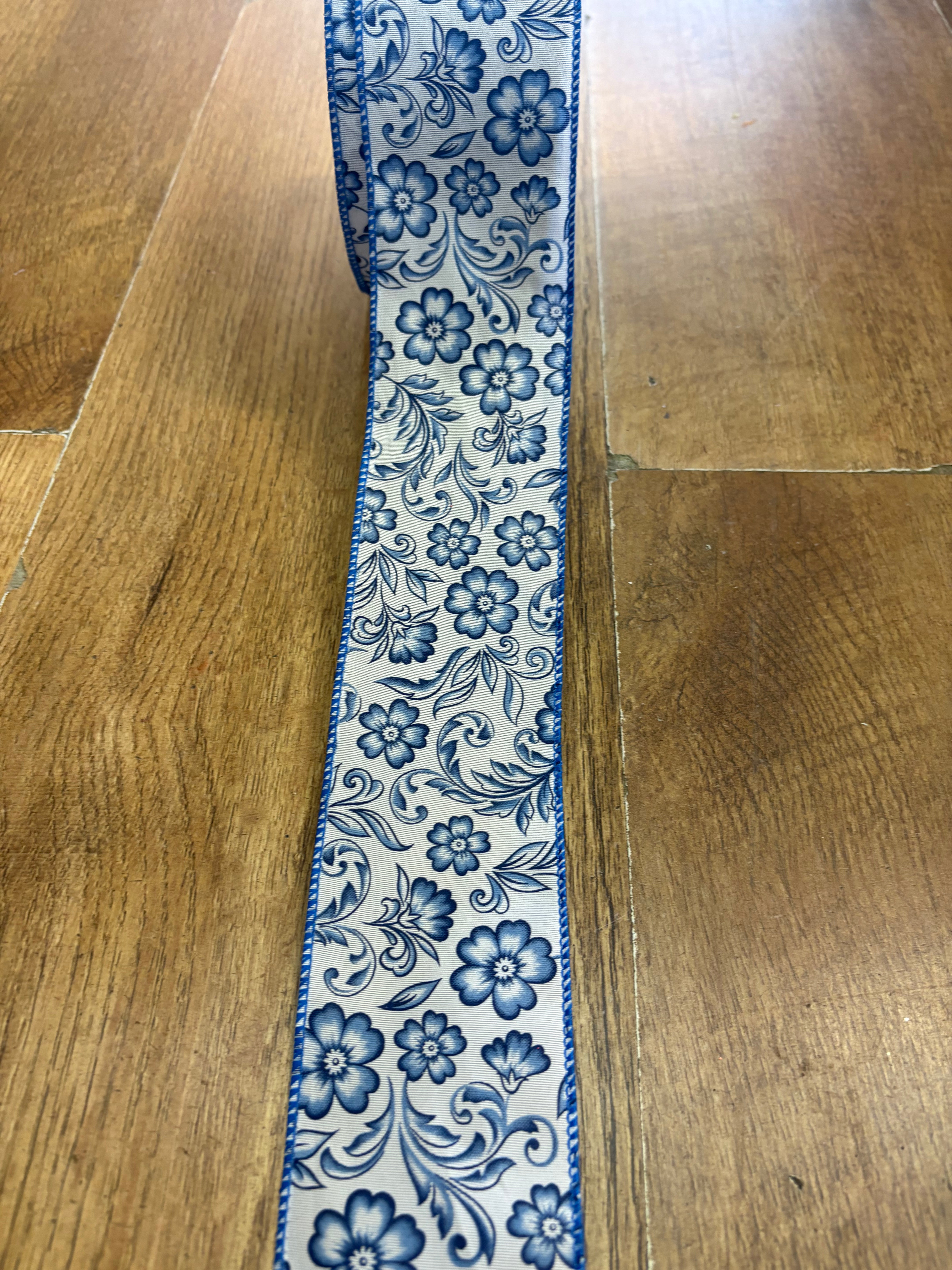 2.5inch blue and white floral wired ribbon - 10 metres