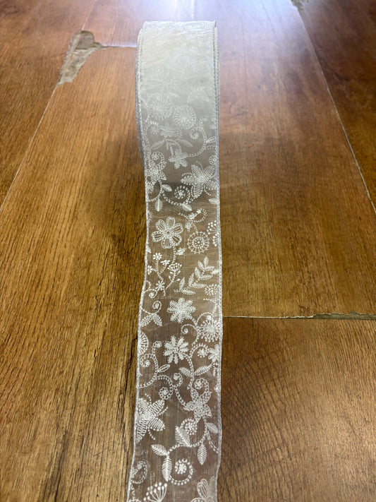 2.5inch white floral lace wired ribbon - 1 metre