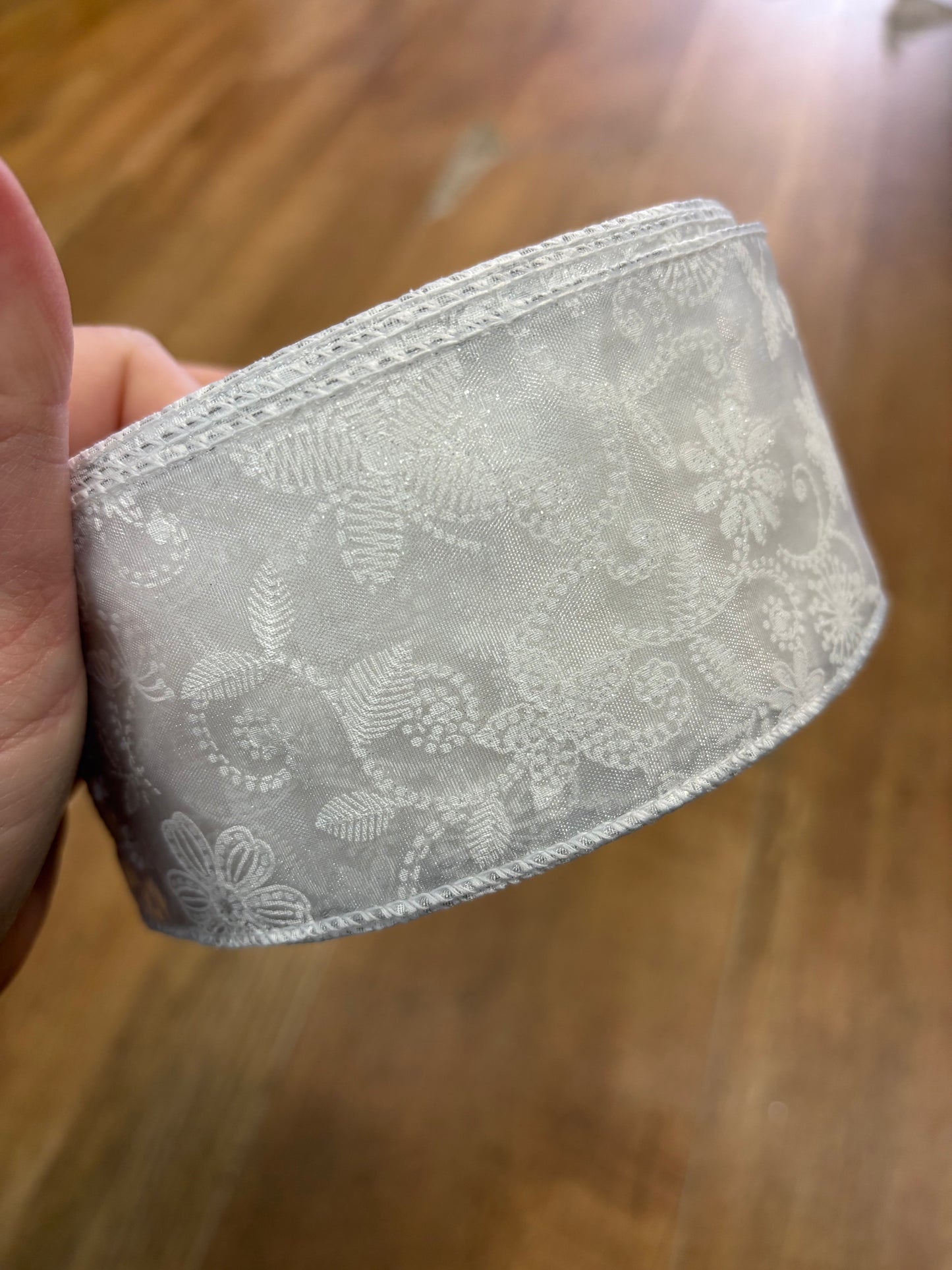 2.5inch white floral lace wired ribbon - 10 metres