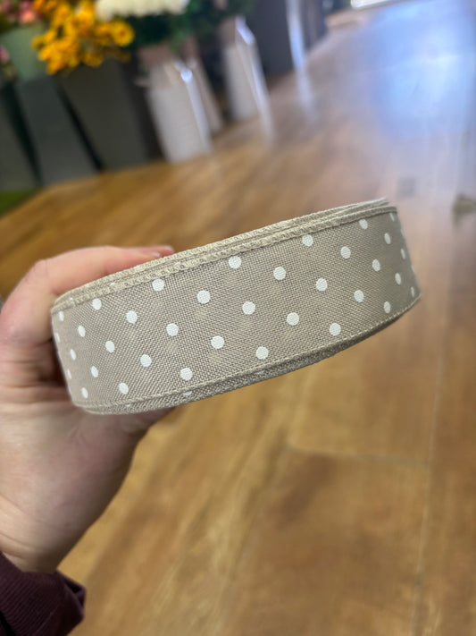 1.5inch natural burlap with white spots wired ribbon - 1 metre