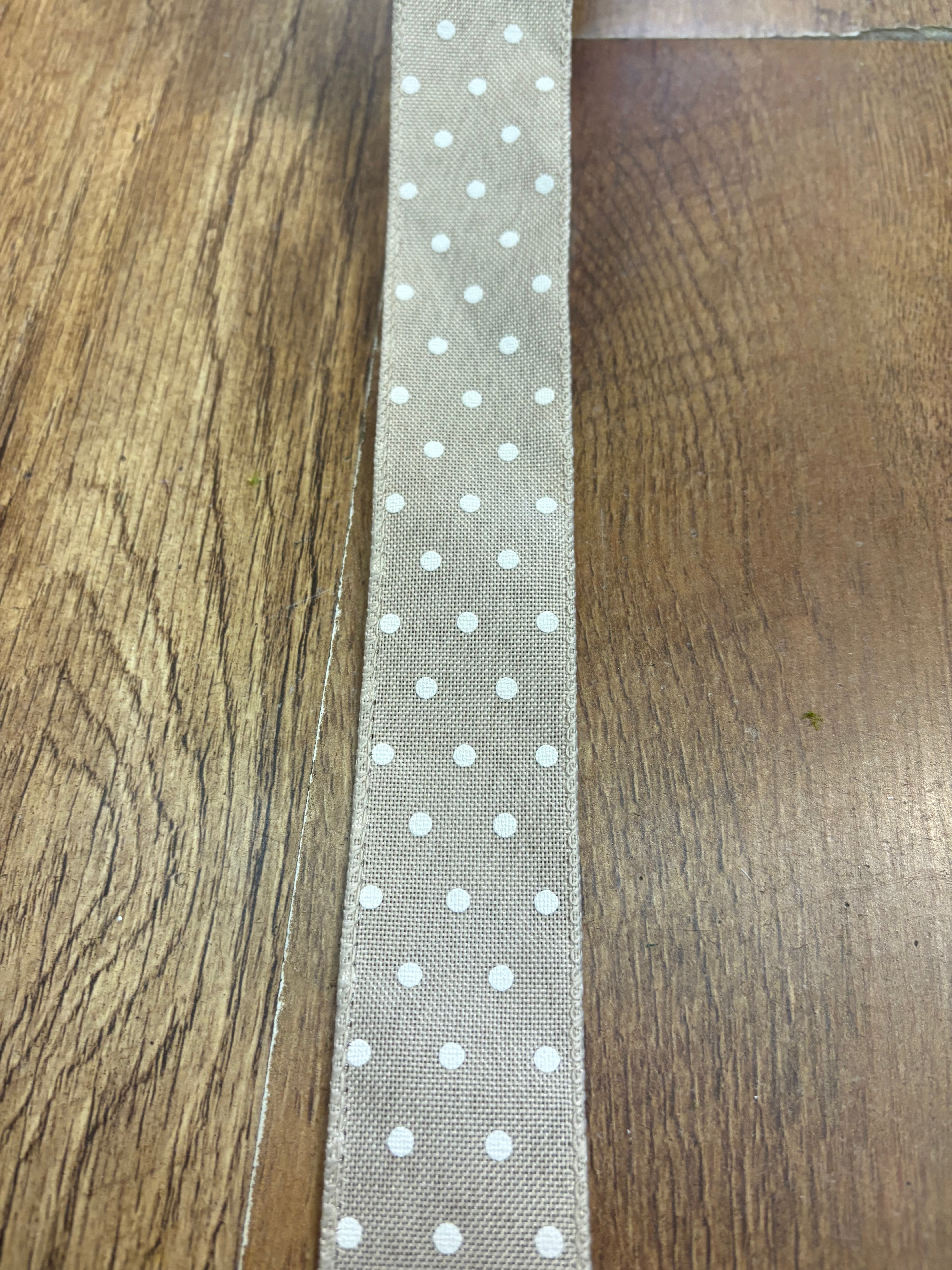 1.5inch natural burlap with white spots wired ribbon - 1 metre