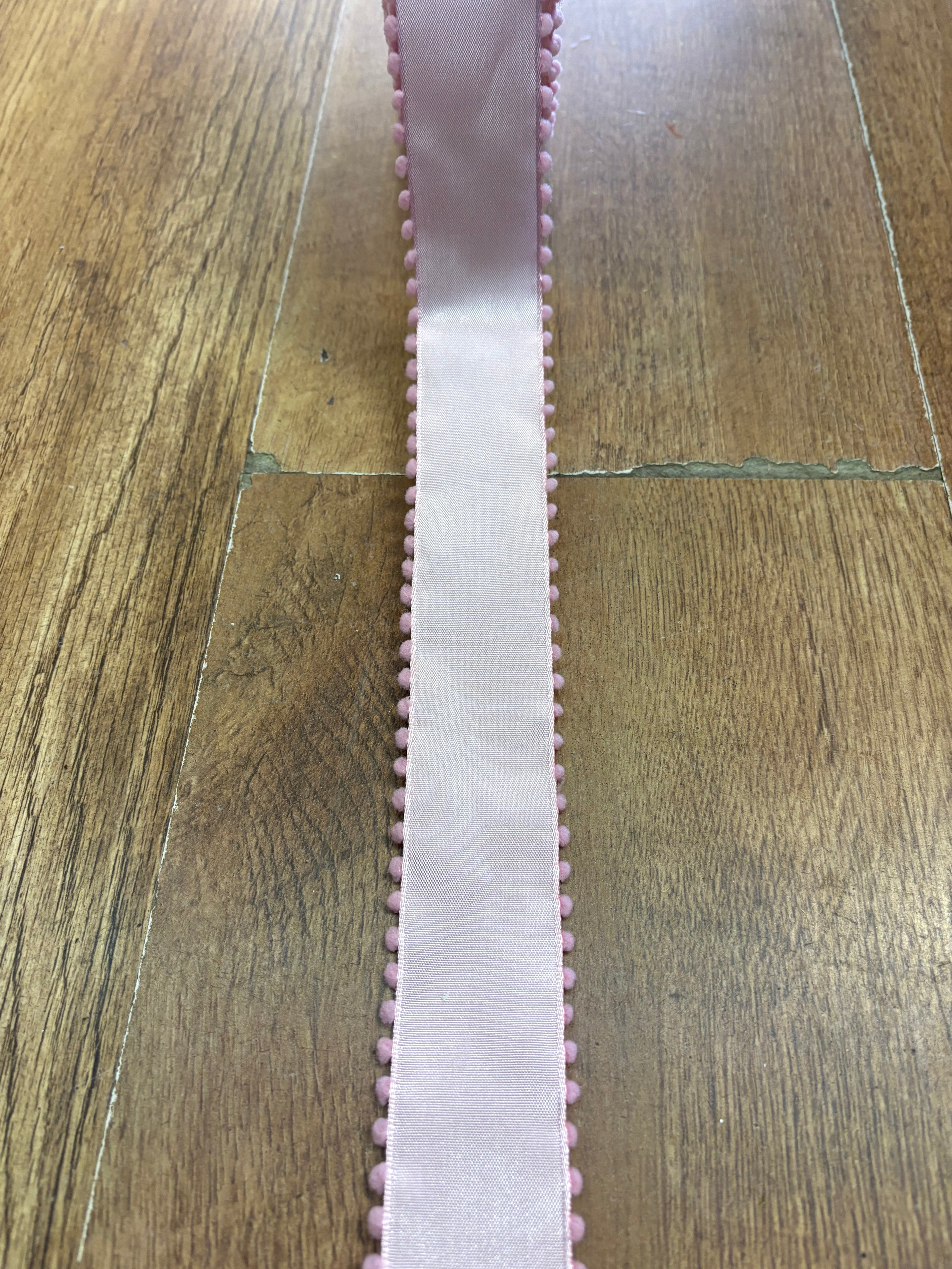 1.5inch pale pink satin with Pom Pom edge wired ribbon - 10 metres