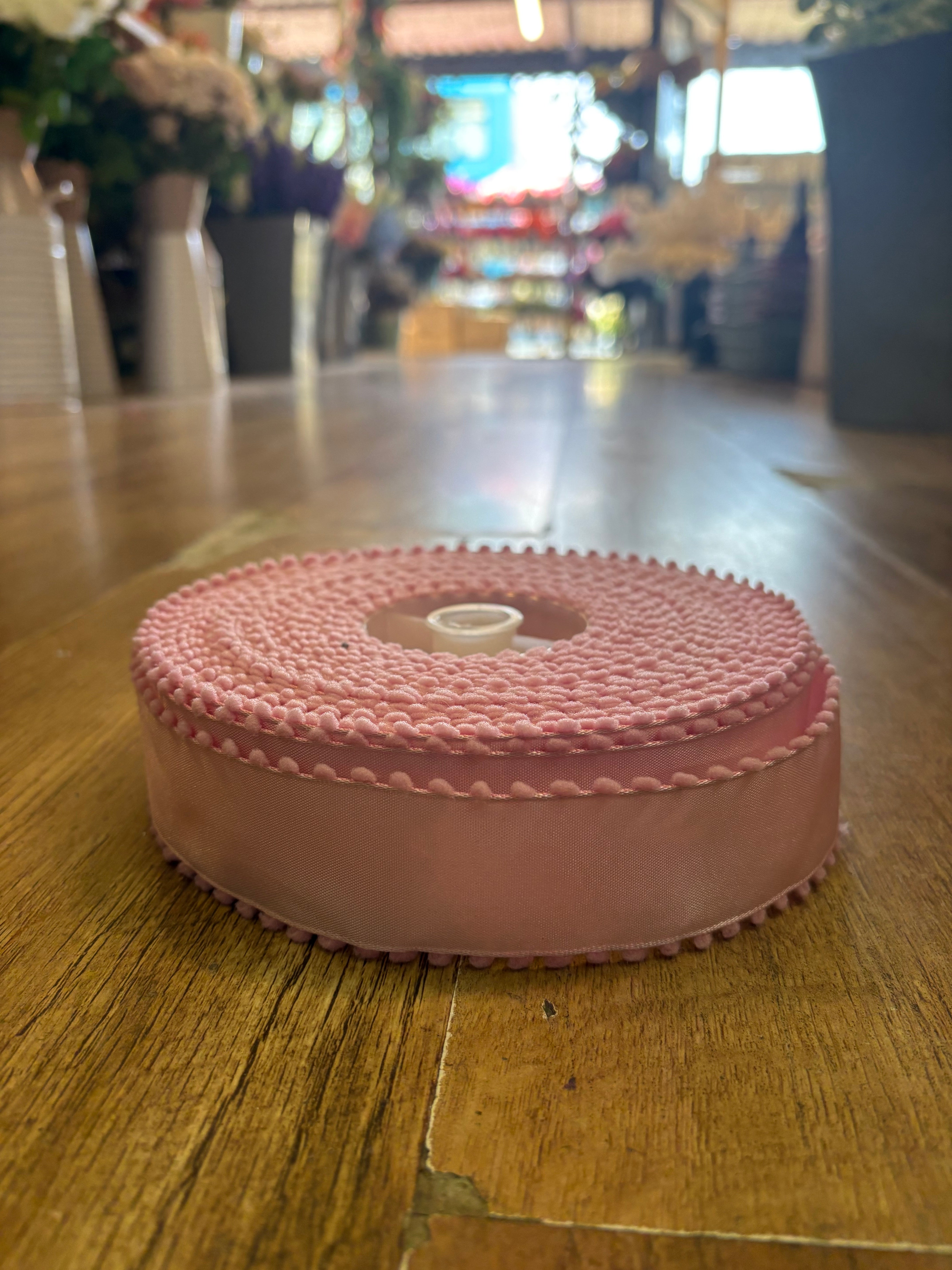 1.5inch pale pink satin with Pom Pom edge wired ribbon - 10 metres