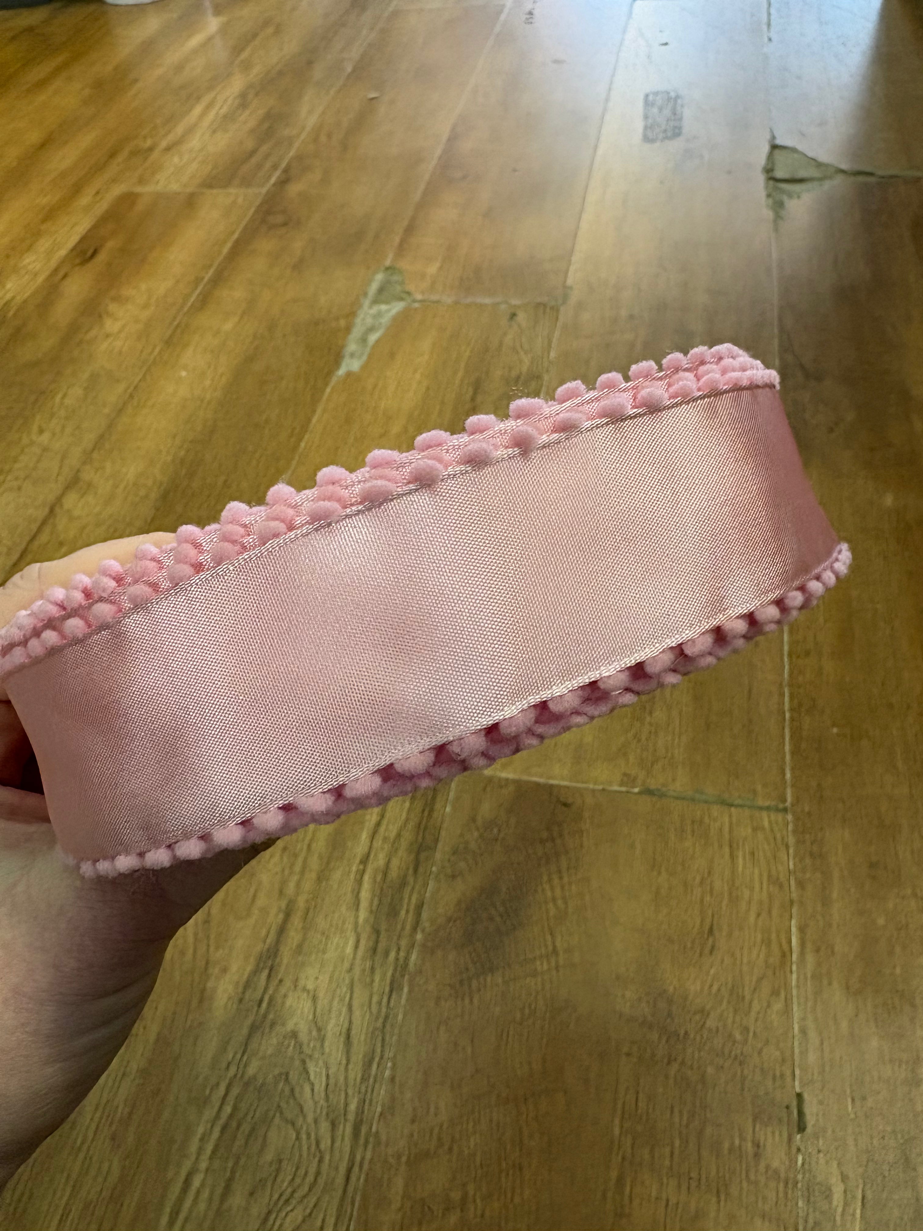 1.5inch pale pink satin with Pom Pom edge wired ribbon - 10 metres