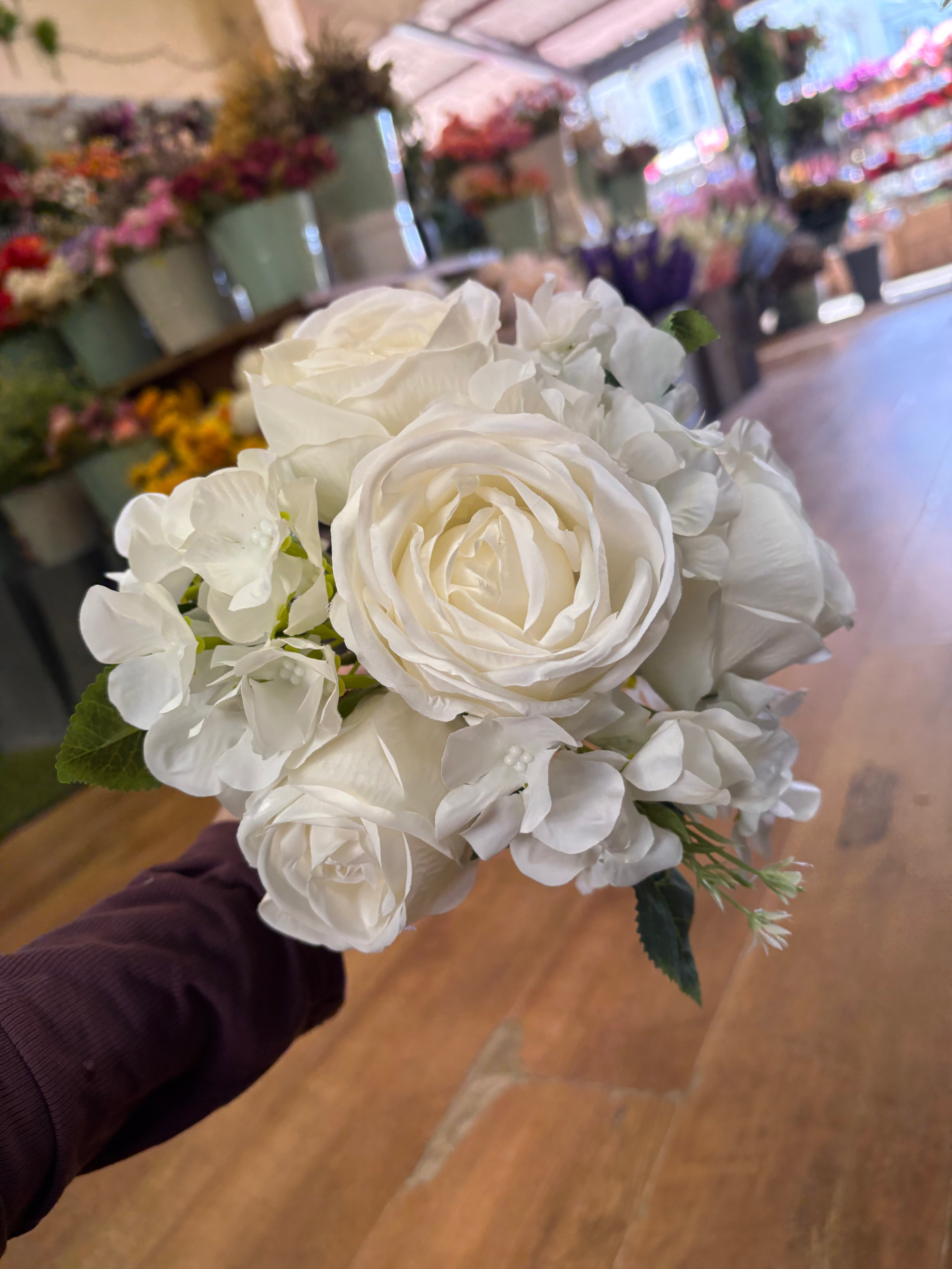 35cm ivory rose and hydrangea hand tied bridesmaid bouquet