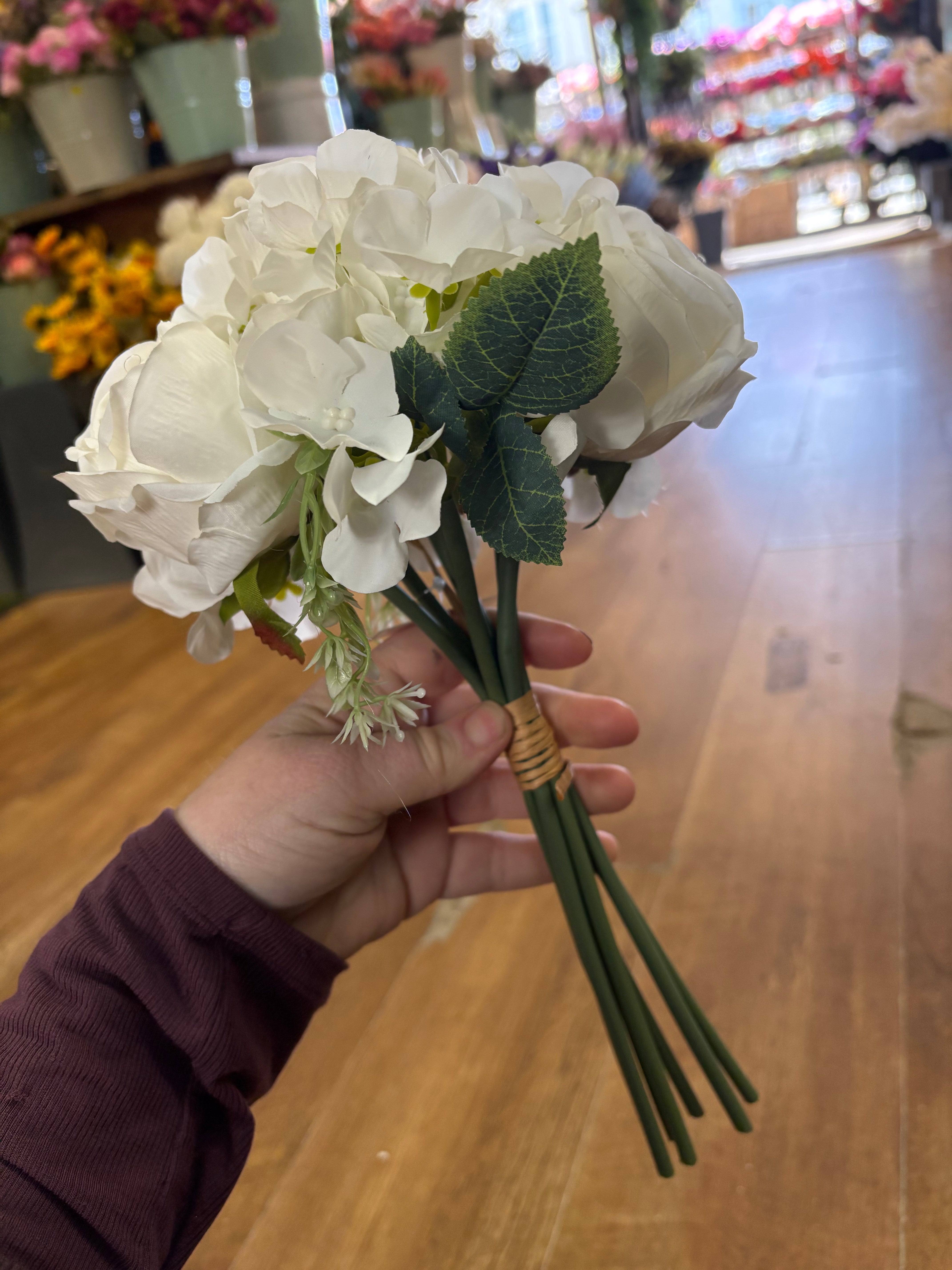 35cm ivory rose and hydrangea hand tied bridesmaid bouquet