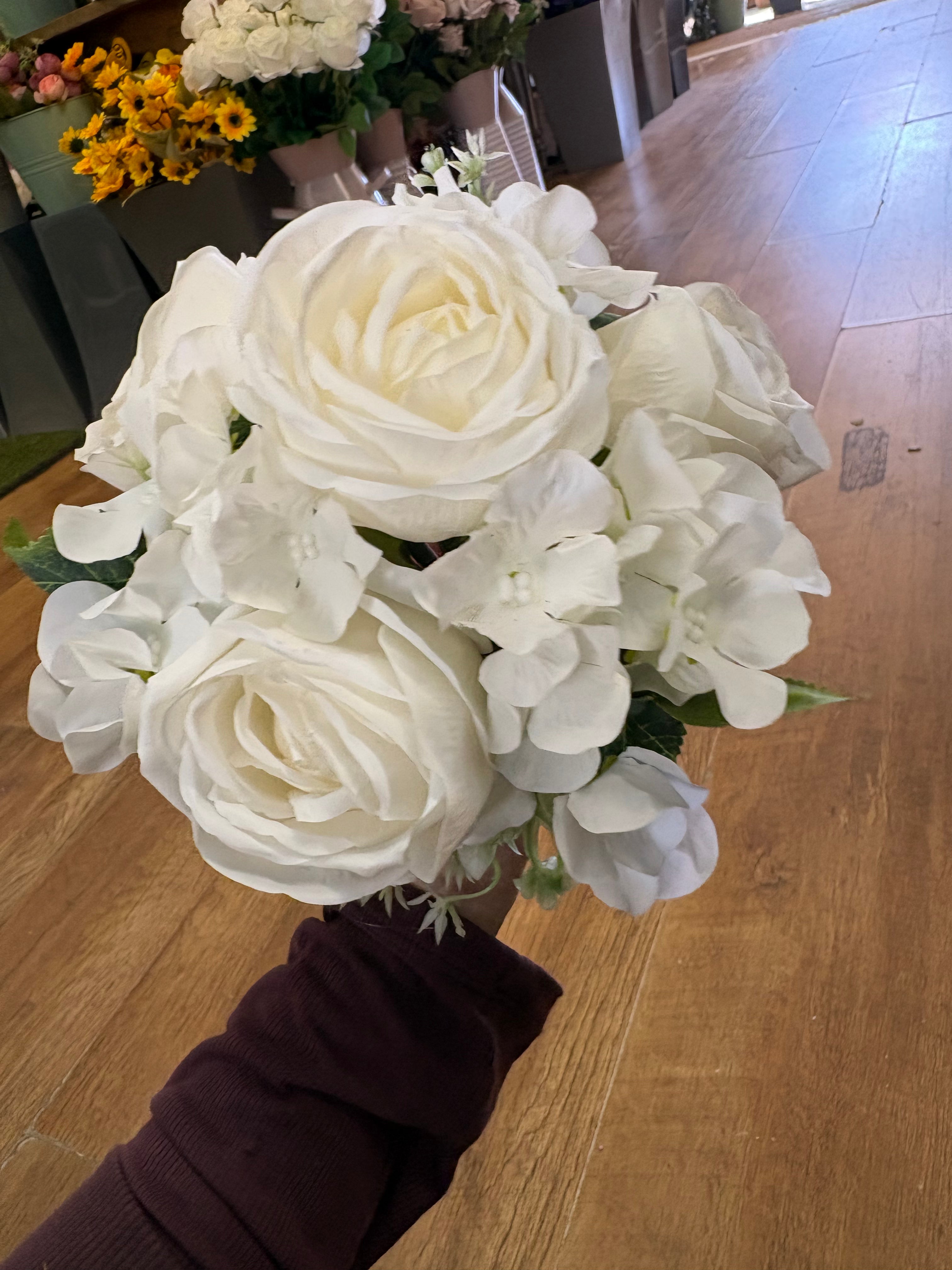 35cm ivory rose and hydrangea hand tied bridesmaid bouquet