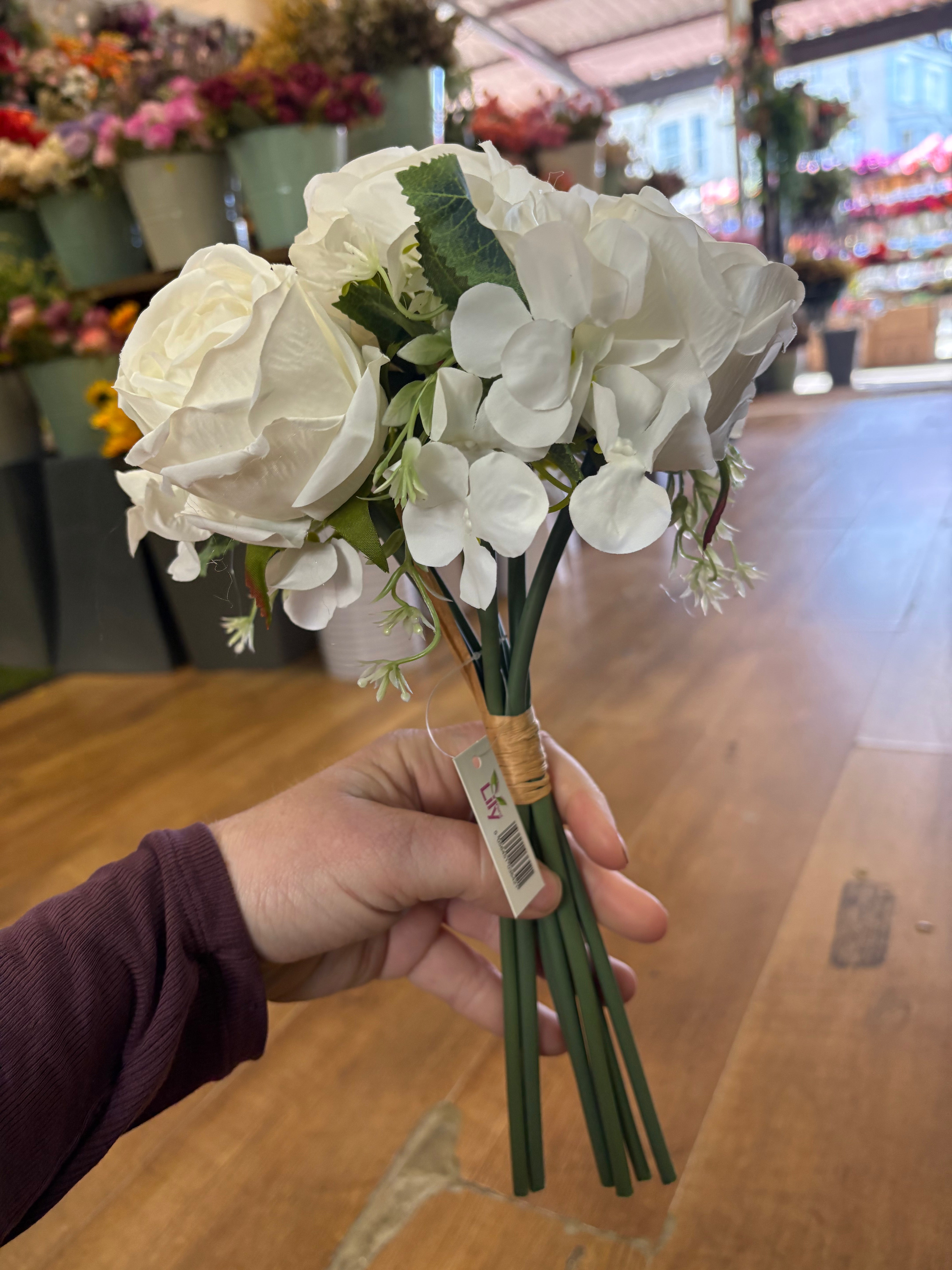 35cm ivory rose and hydrangea hand tied bridesmaid bouquet