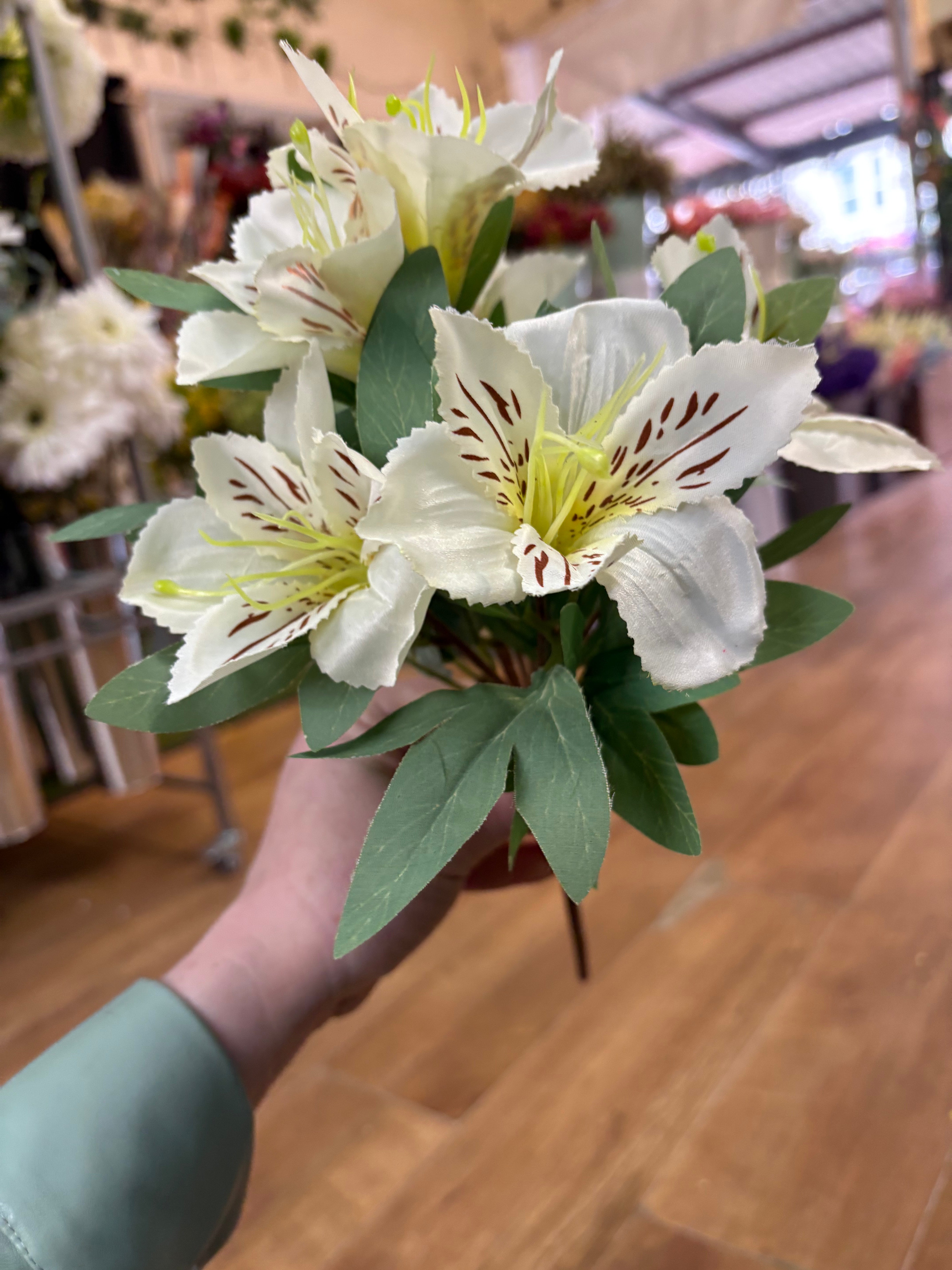 Cream tiger lily and foliage bush