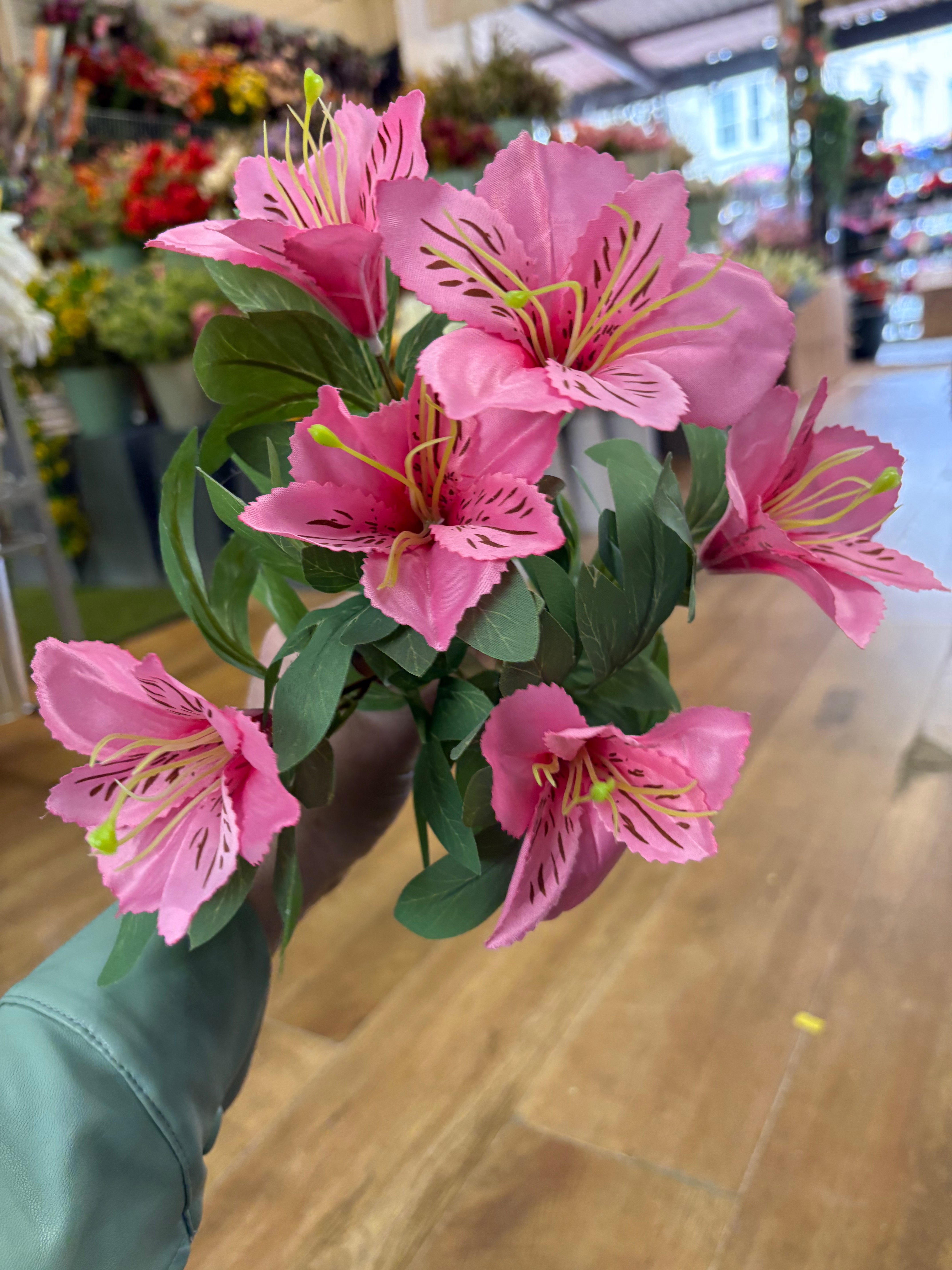 Pink tiger lily and foliage bush