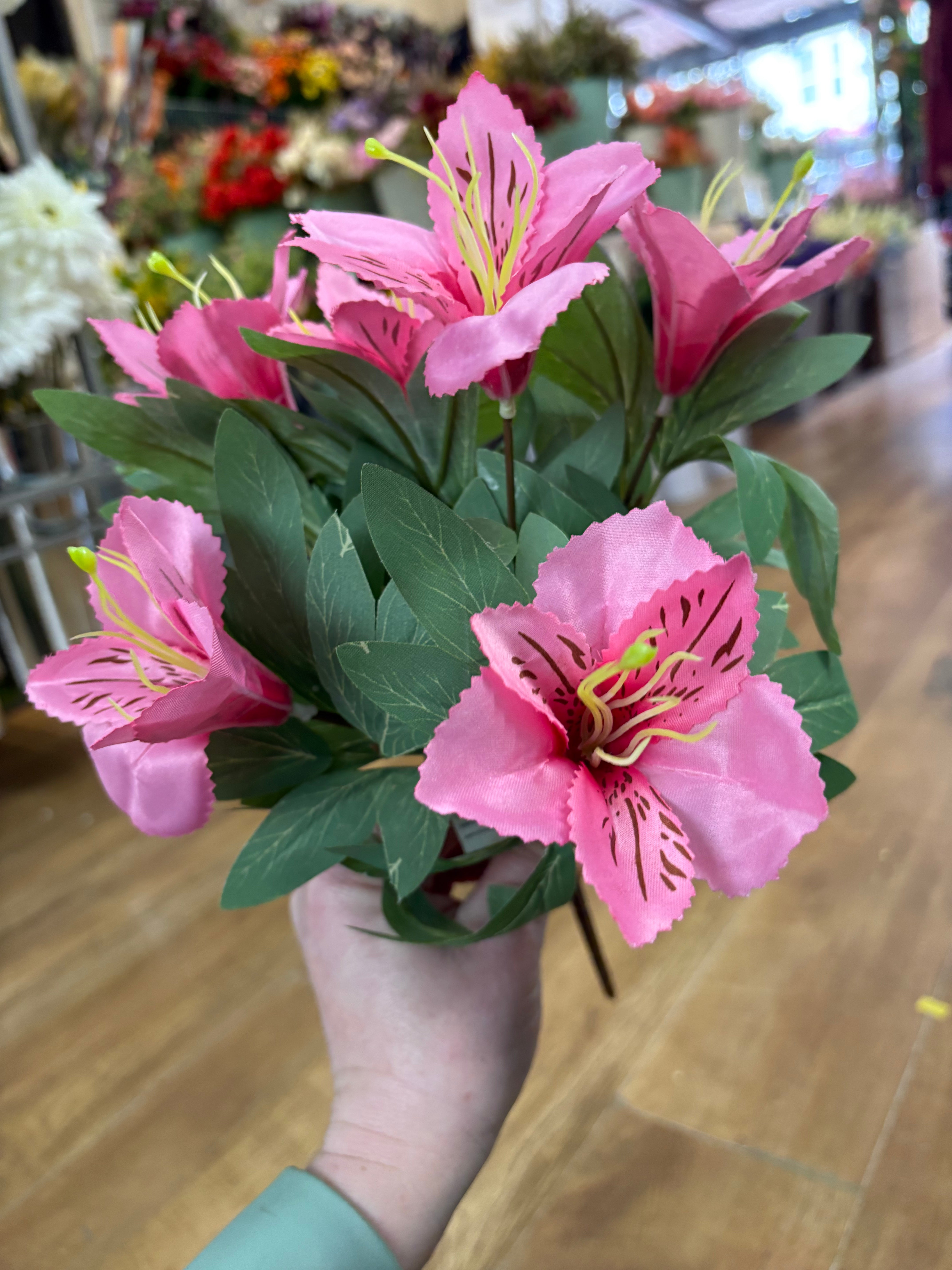 Pink tiger lily and foliage bush