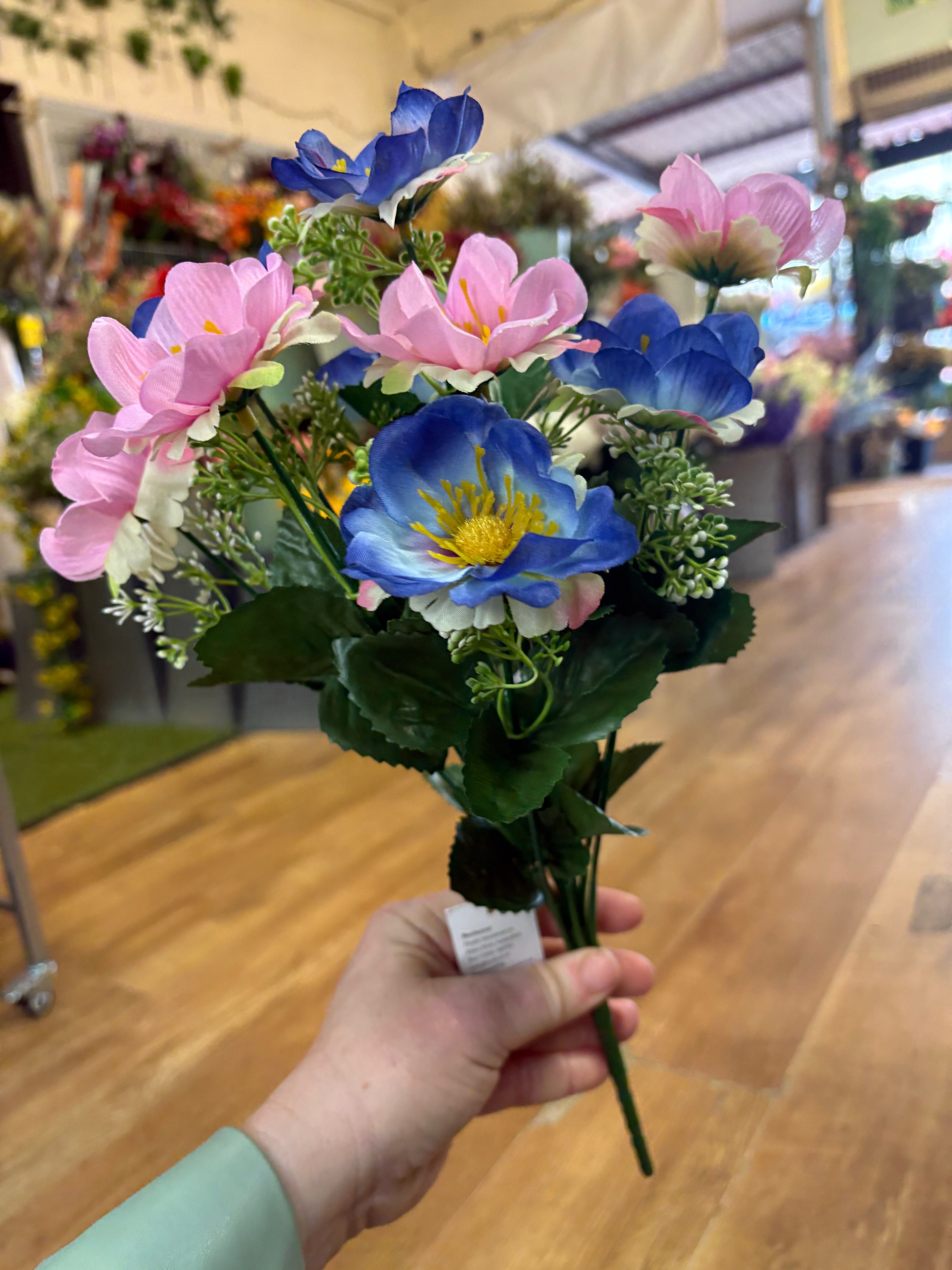 Big bunch pink and blue anemone with gypsophila