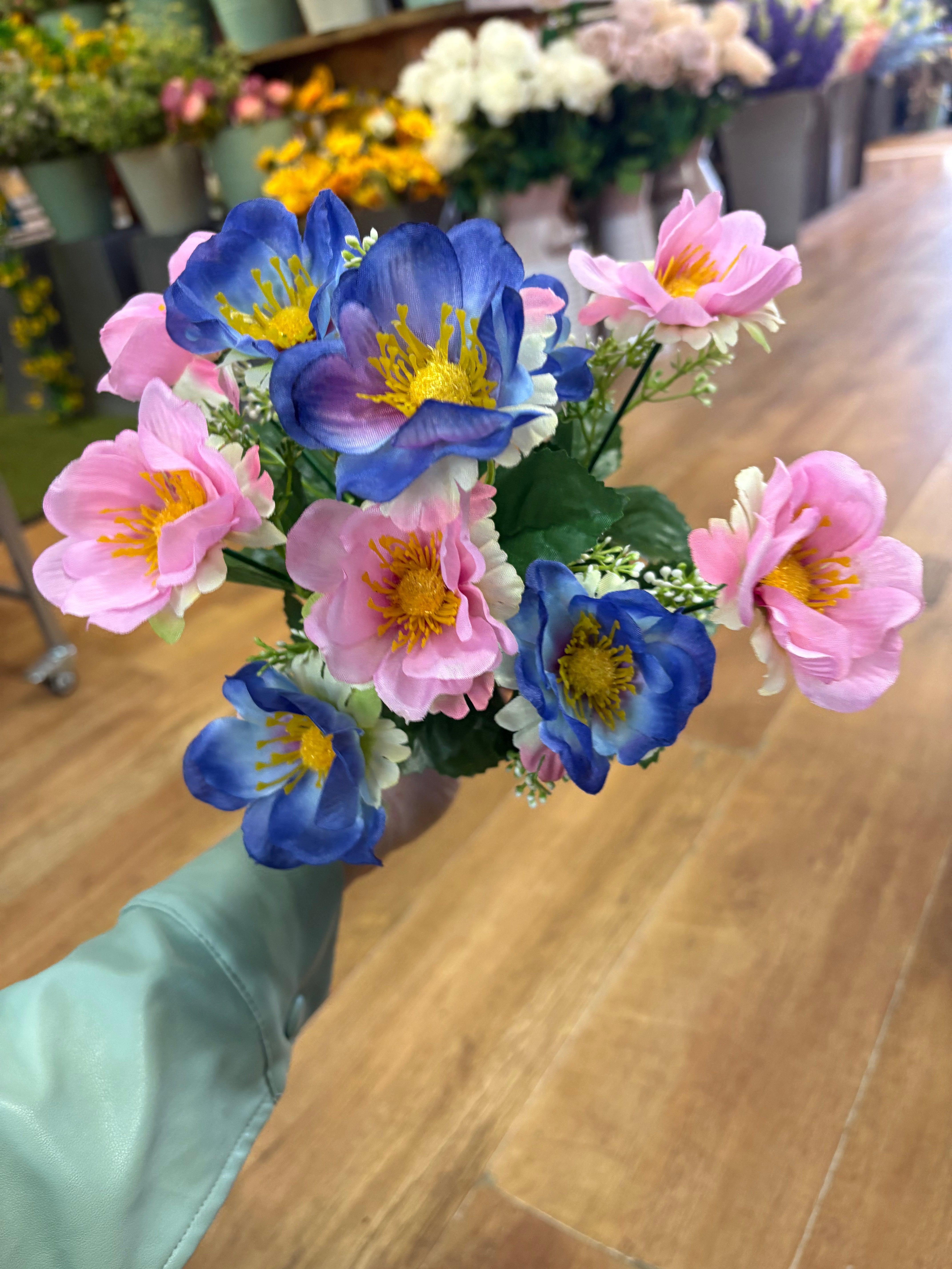 Big bunch pink and blue anemone with gypsophila