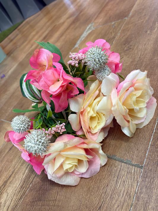 Pink and cream rose, hydrangea and mixed foliage bouquet
