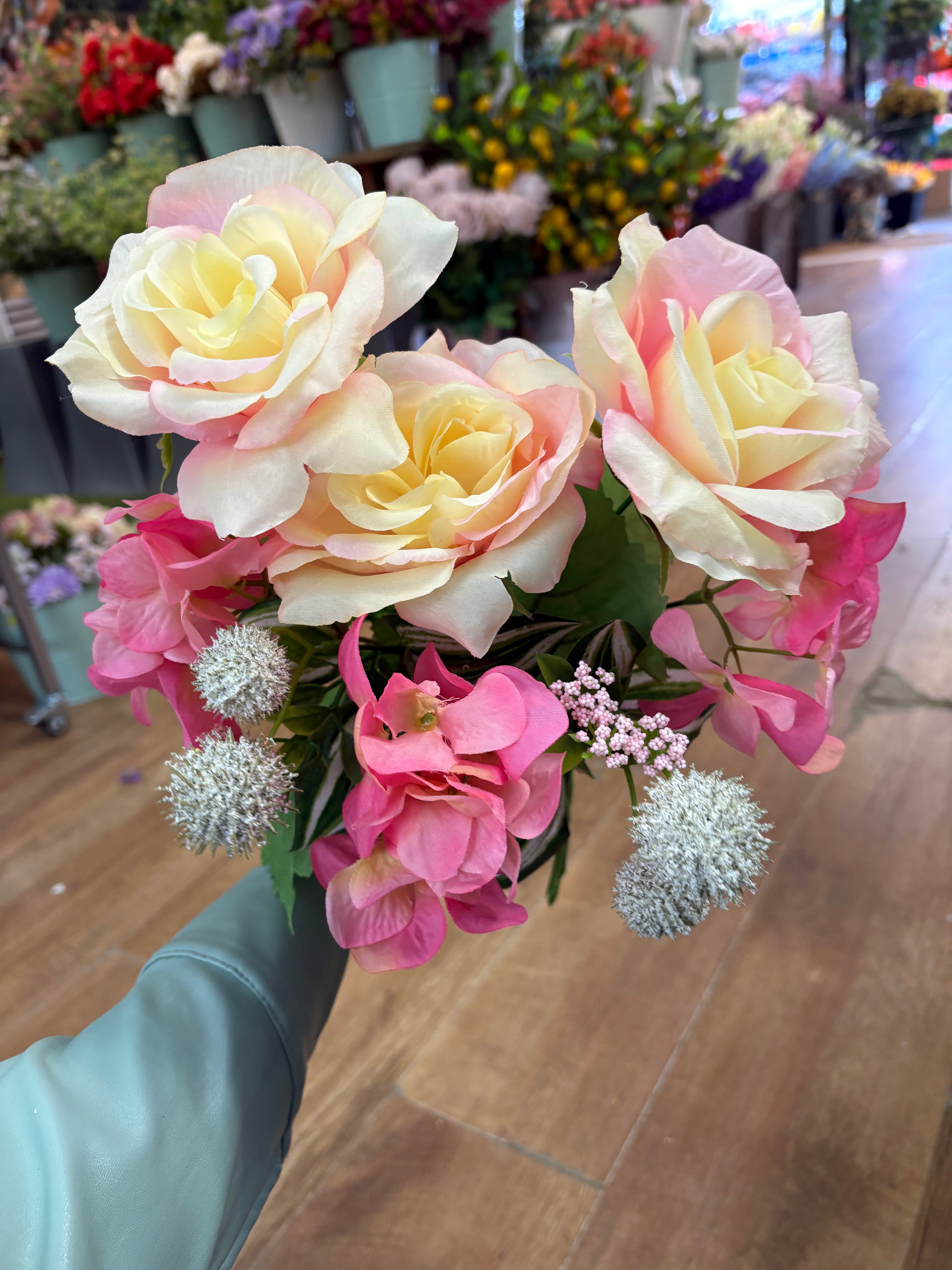 Pink and cream rose, hydrangea and mixed foliage bouquet