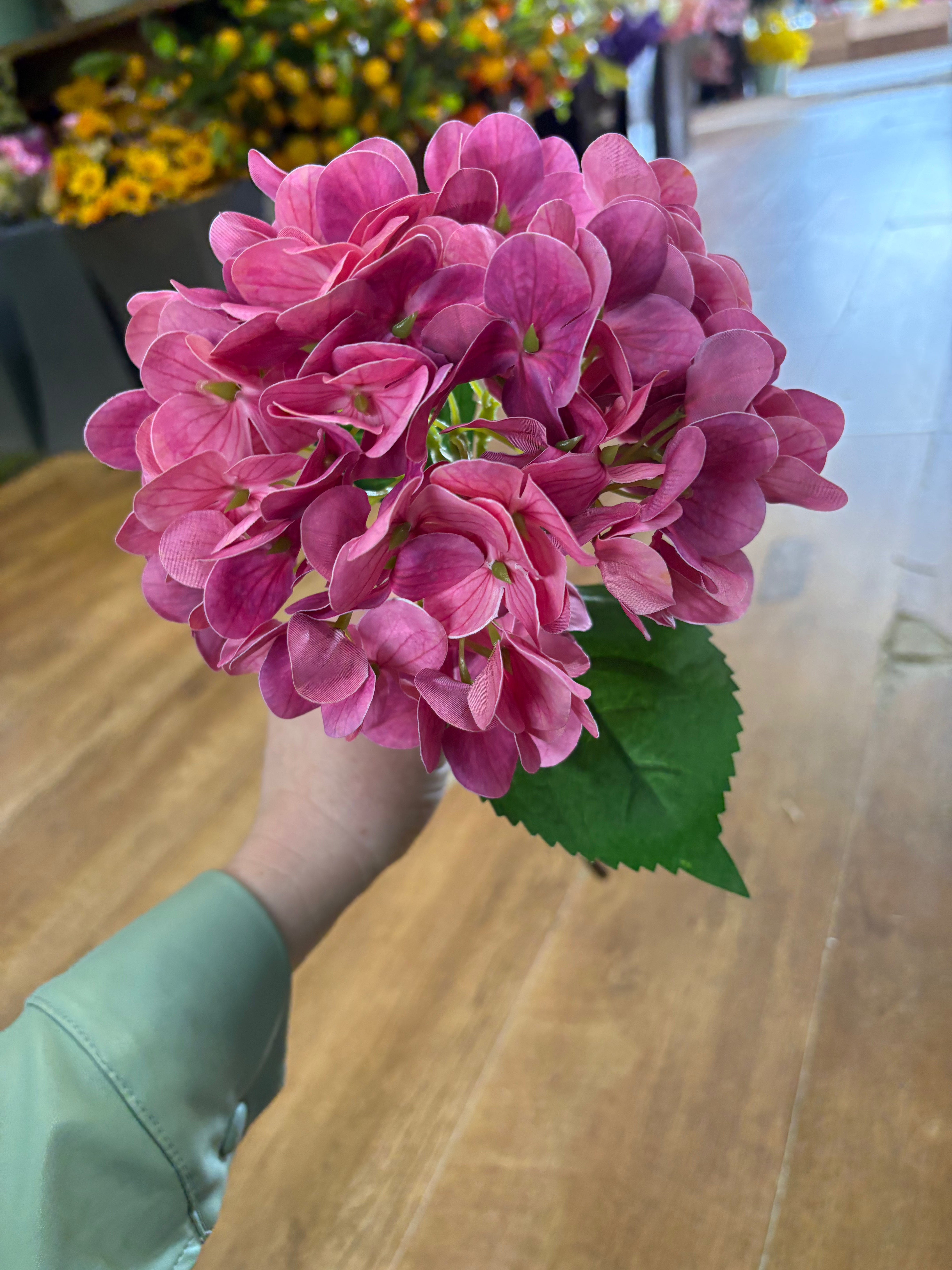 Medium length deep pink single hydrangea