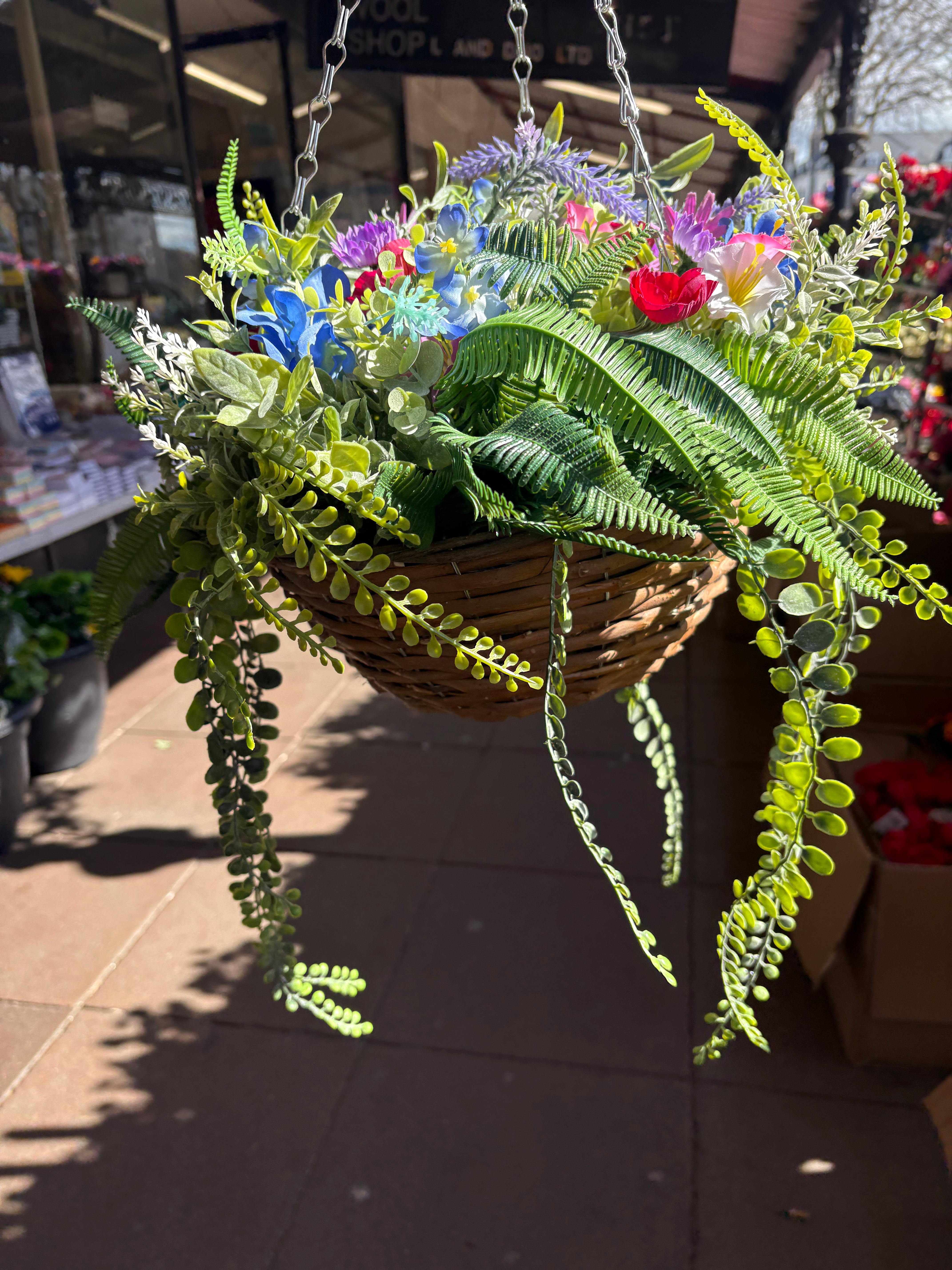 Large very full wildflower and foliage hanging basket