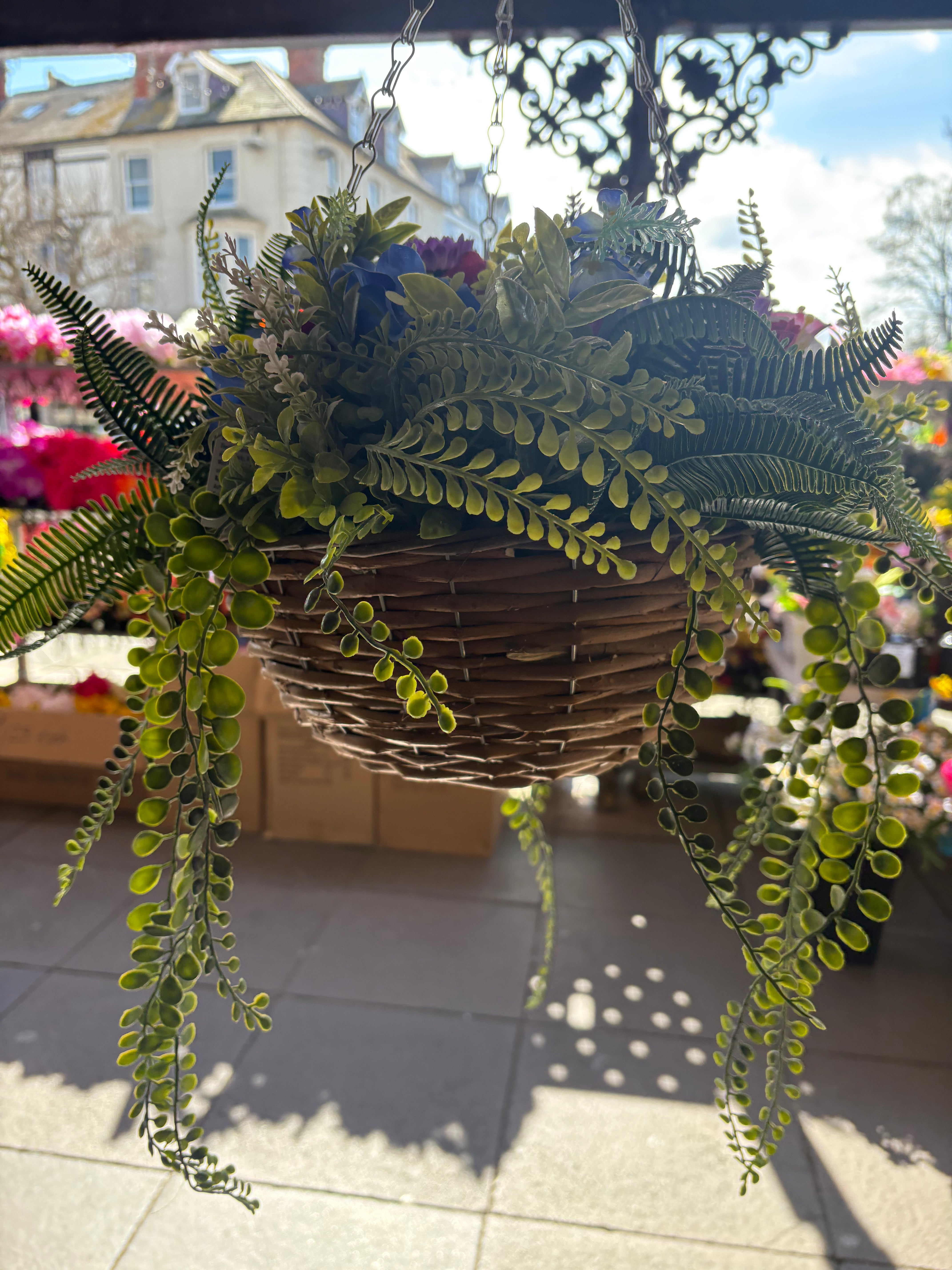 Large very full wildflower and foliage hanging basket
