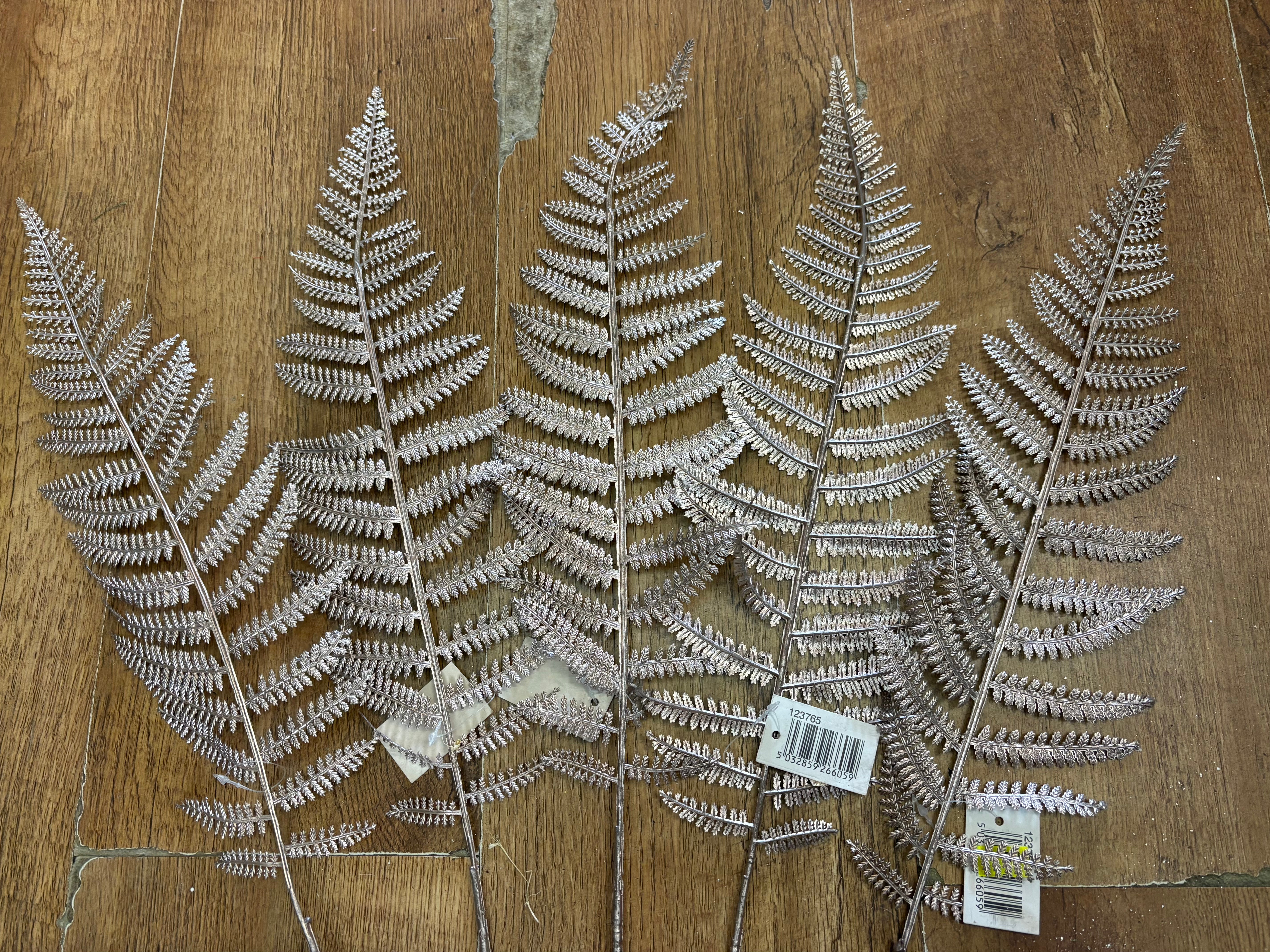 5 long stem rose gold tinted metallic ferns
