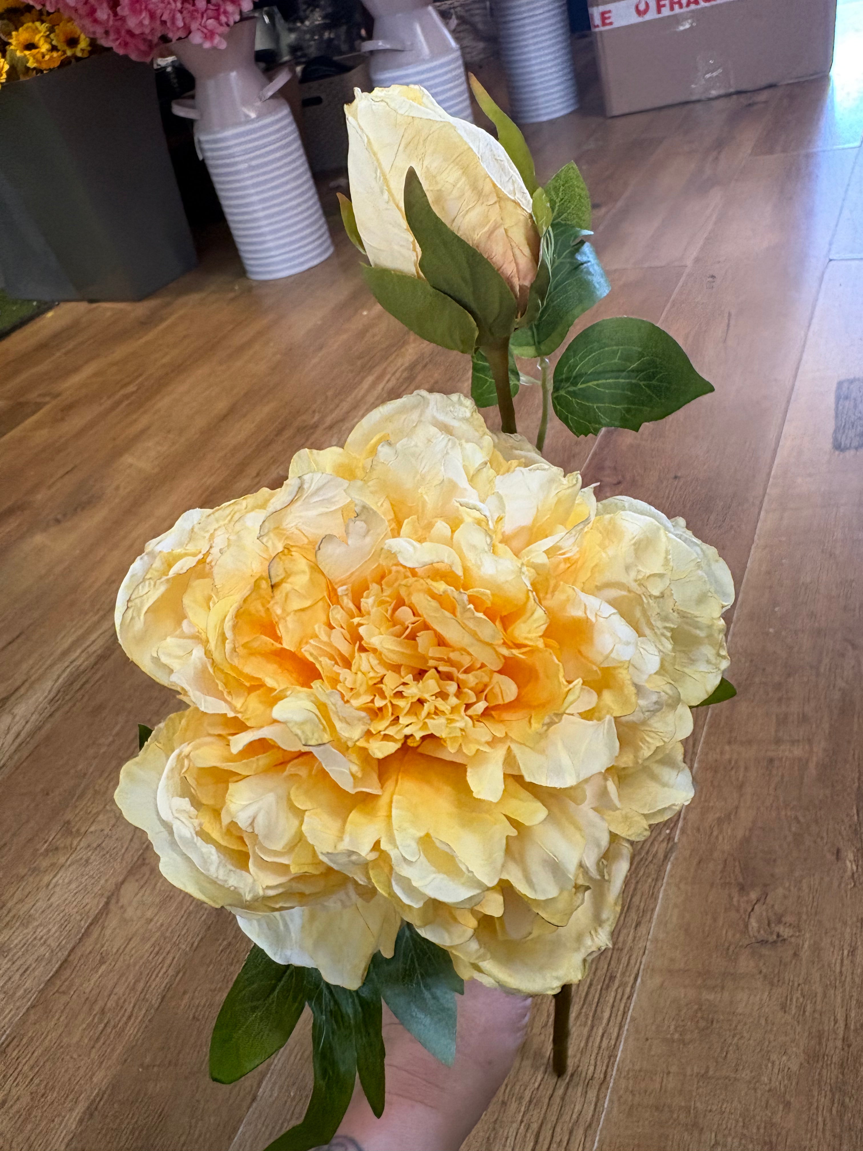Dried inspired yellow open peony and bud stem