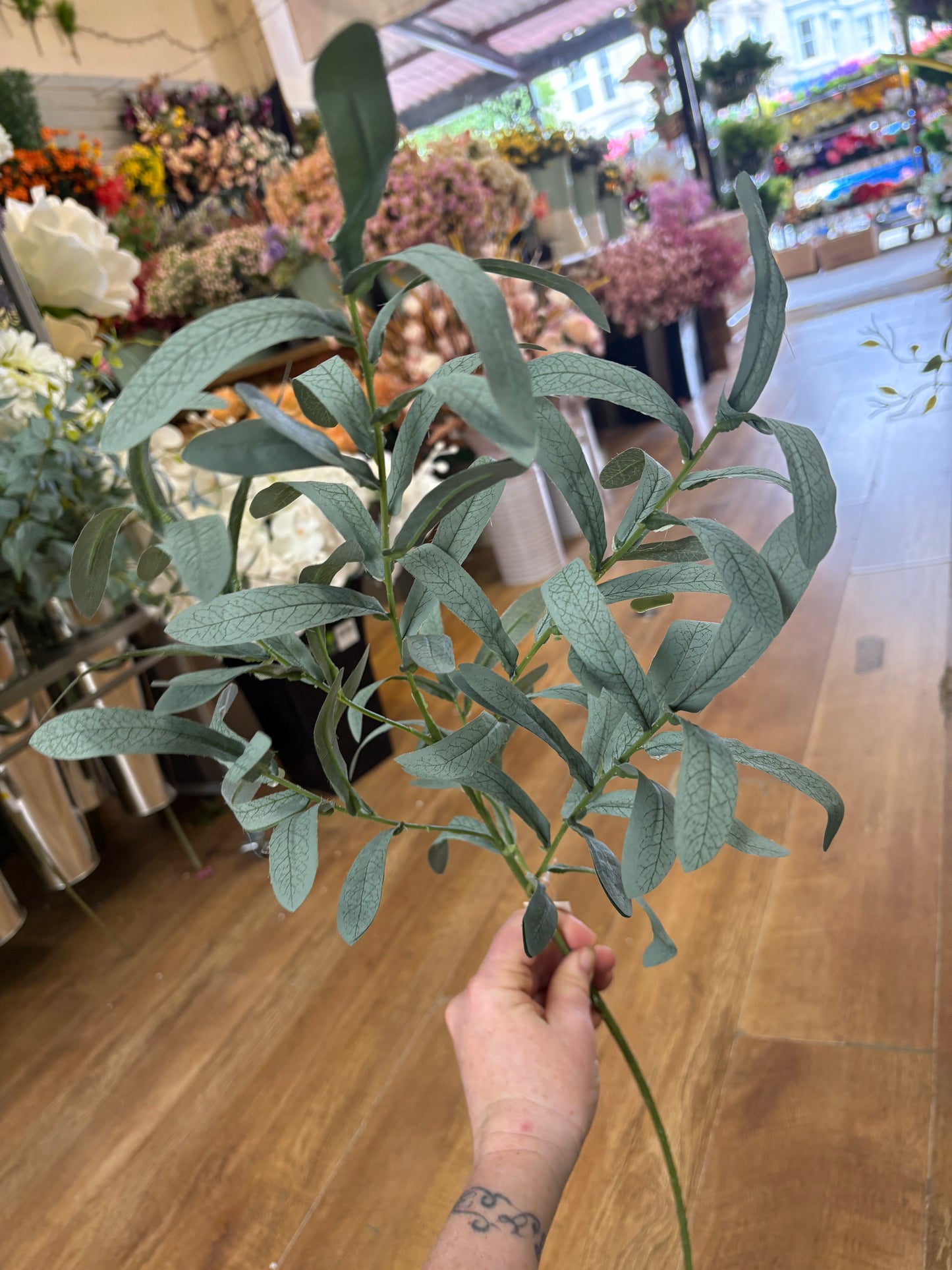 Long stem natural green olive leaf spray