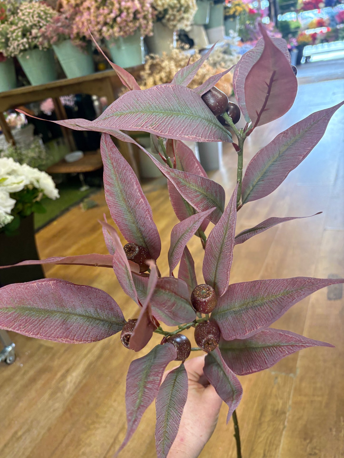84cm tall premium bushy burgundy gum nut spray