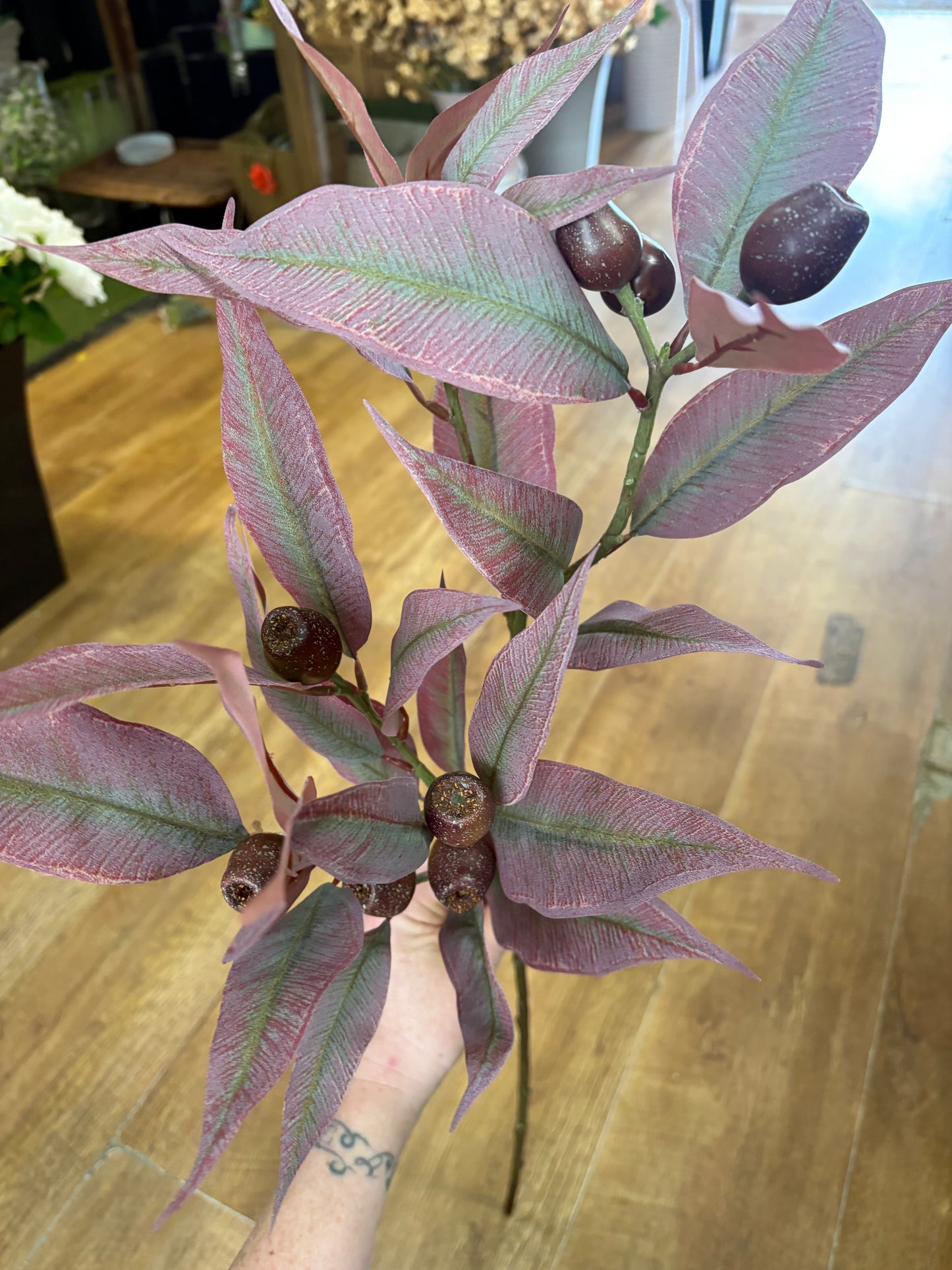 84cm tall premium bushy burgundy gum nut spray