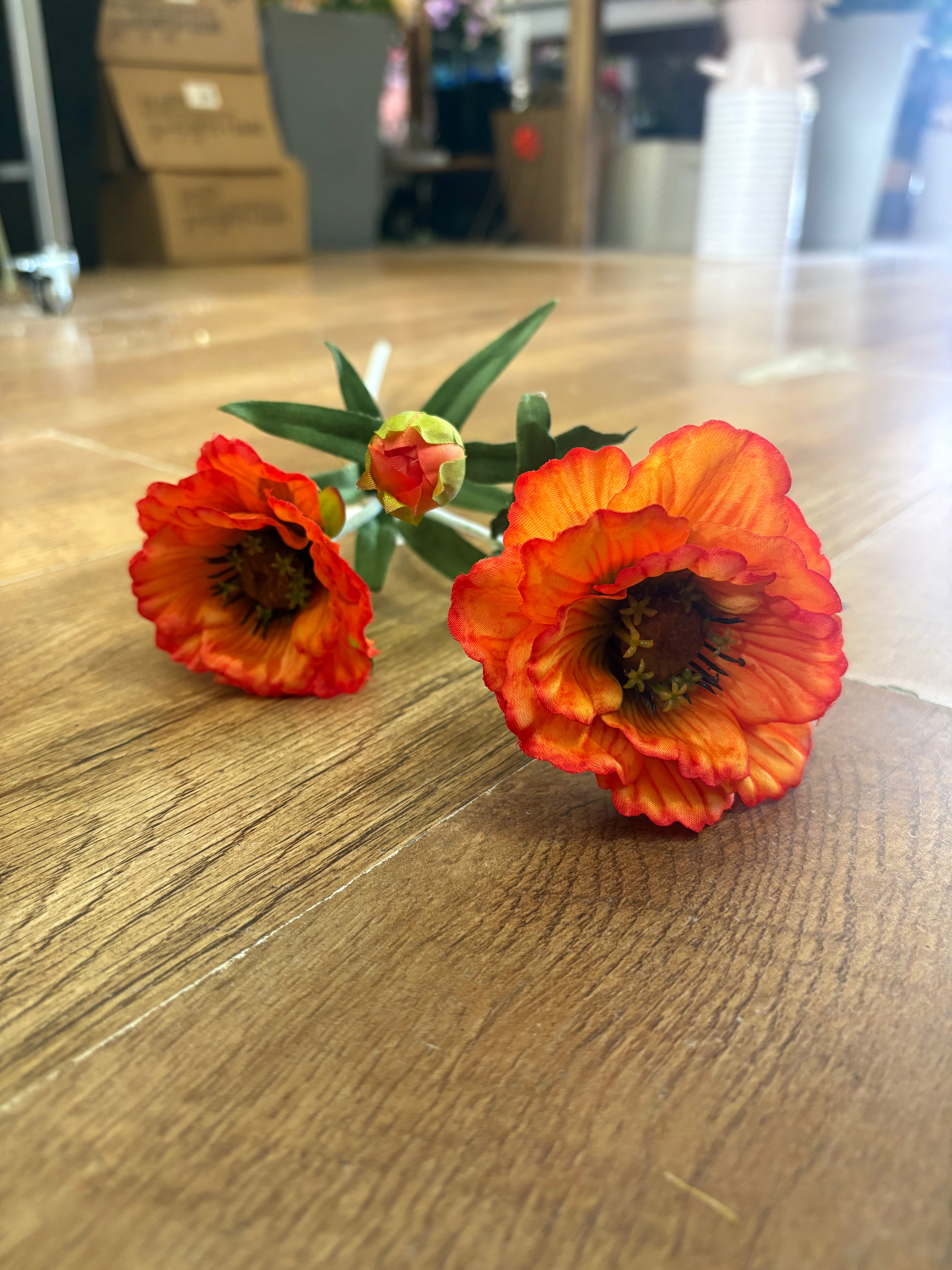 Flocked stem orange poppy spray