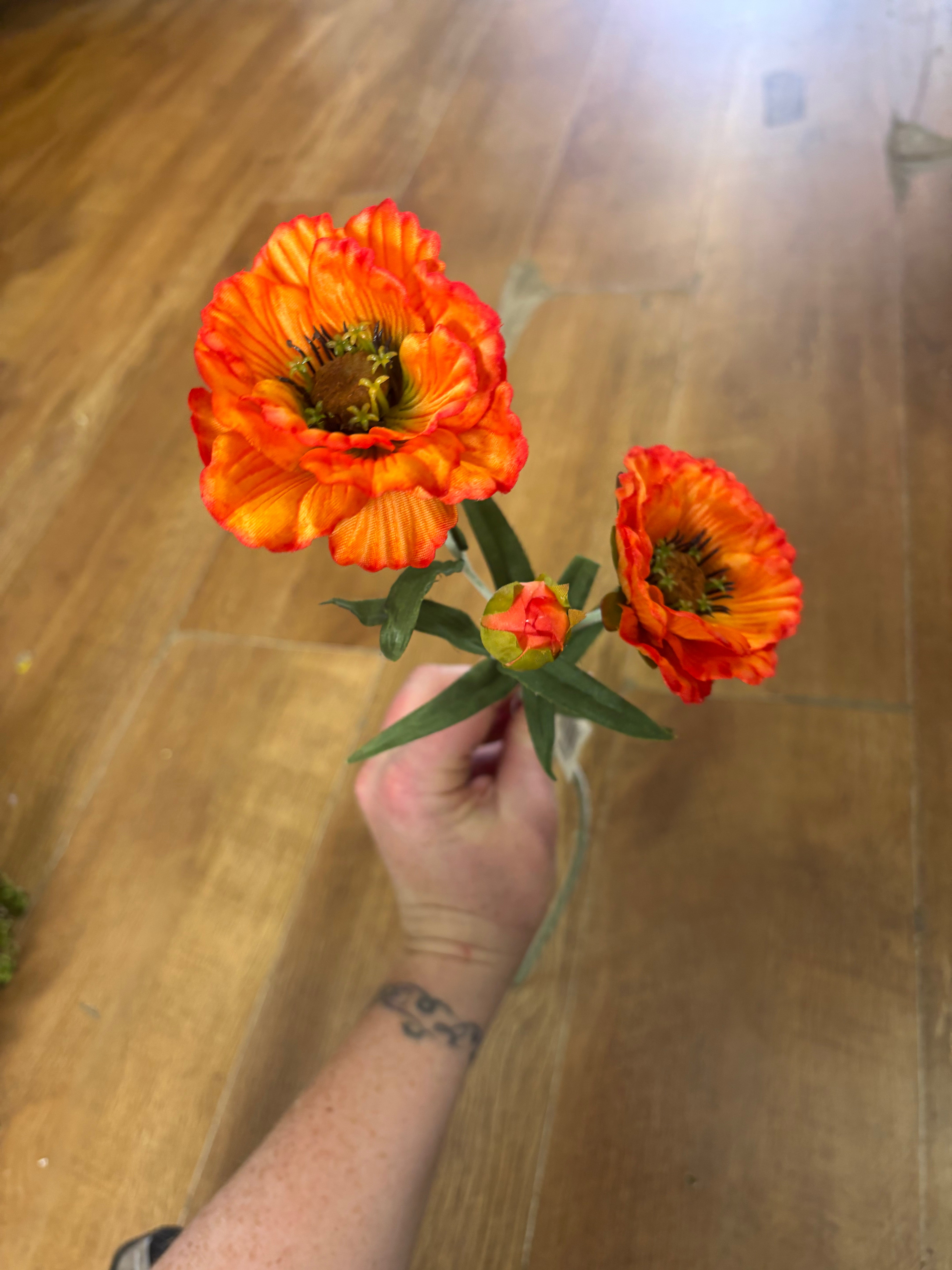Flocked stem orange poppy spray