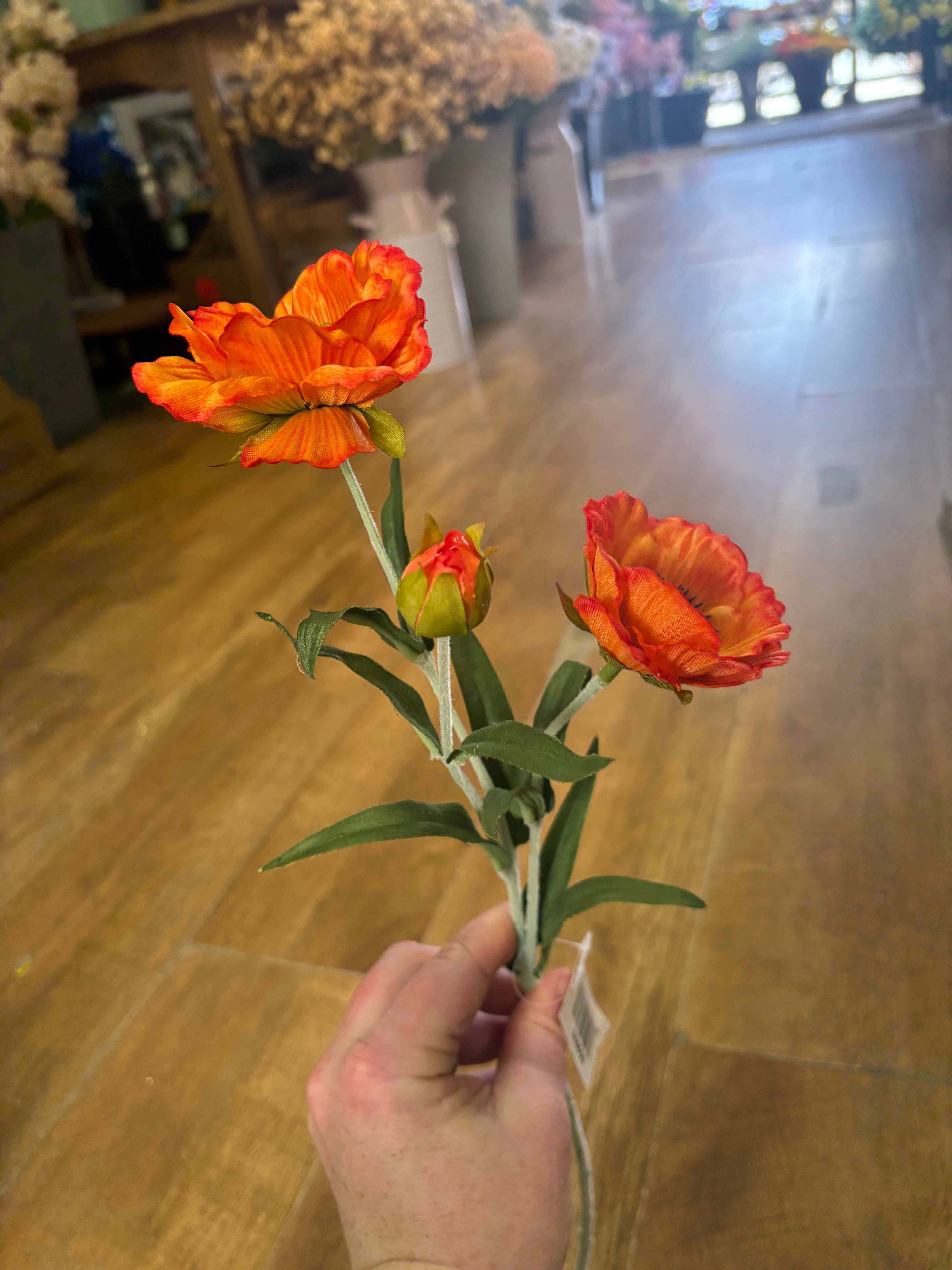 Flocked stem orange poppy spray