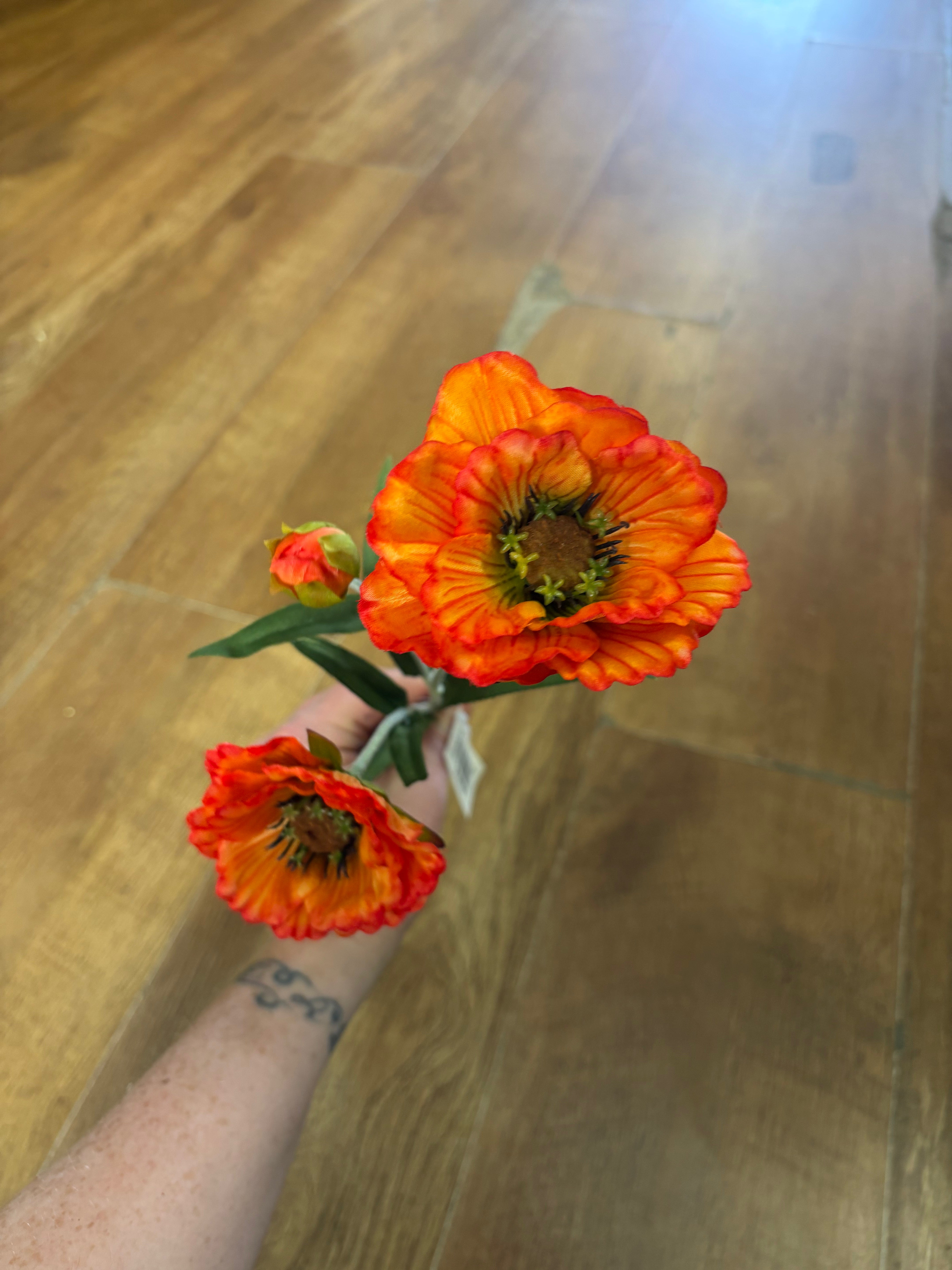 Flocked stem orange poppy spray