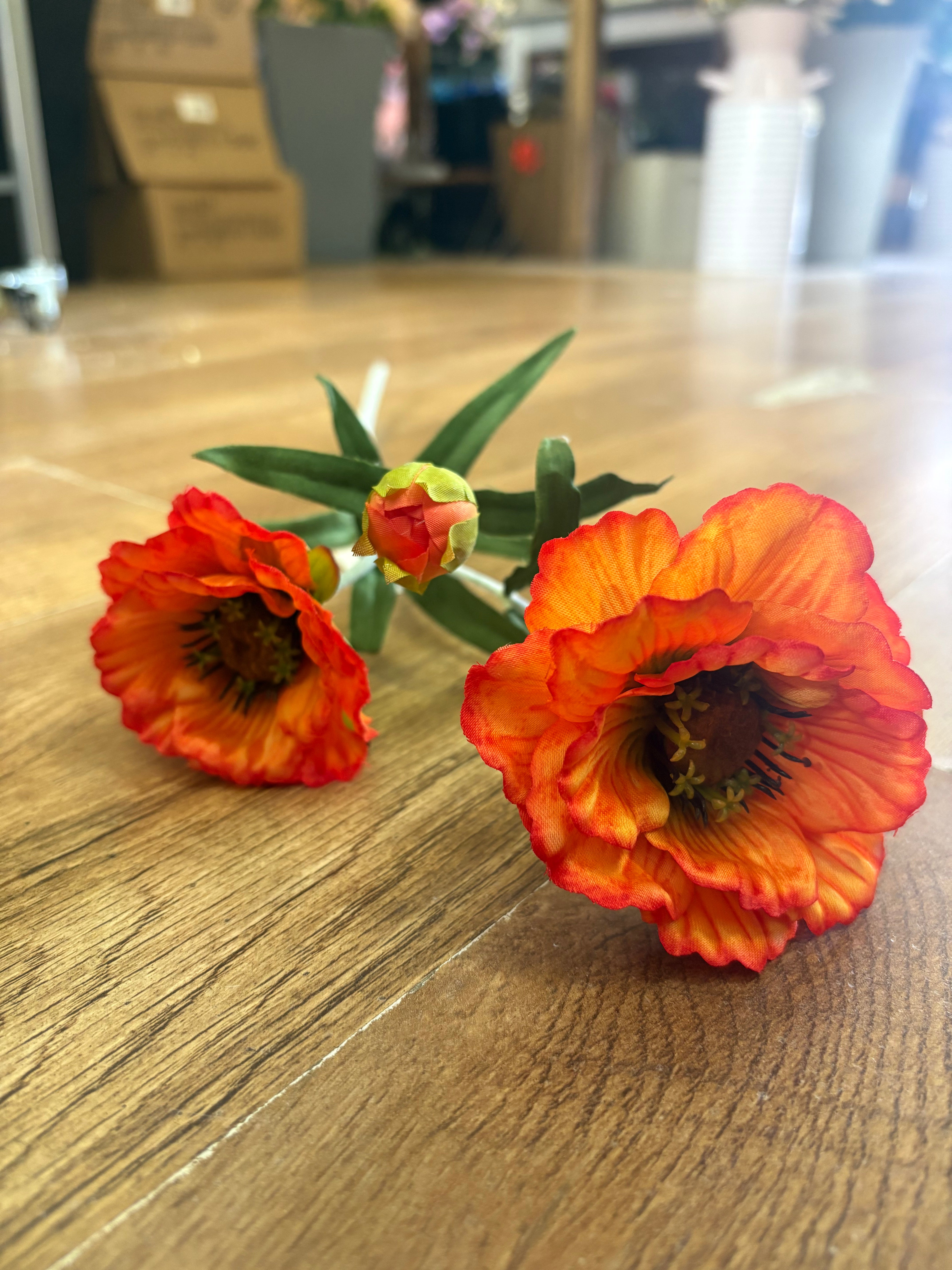 Flocked stem orange poppy spray