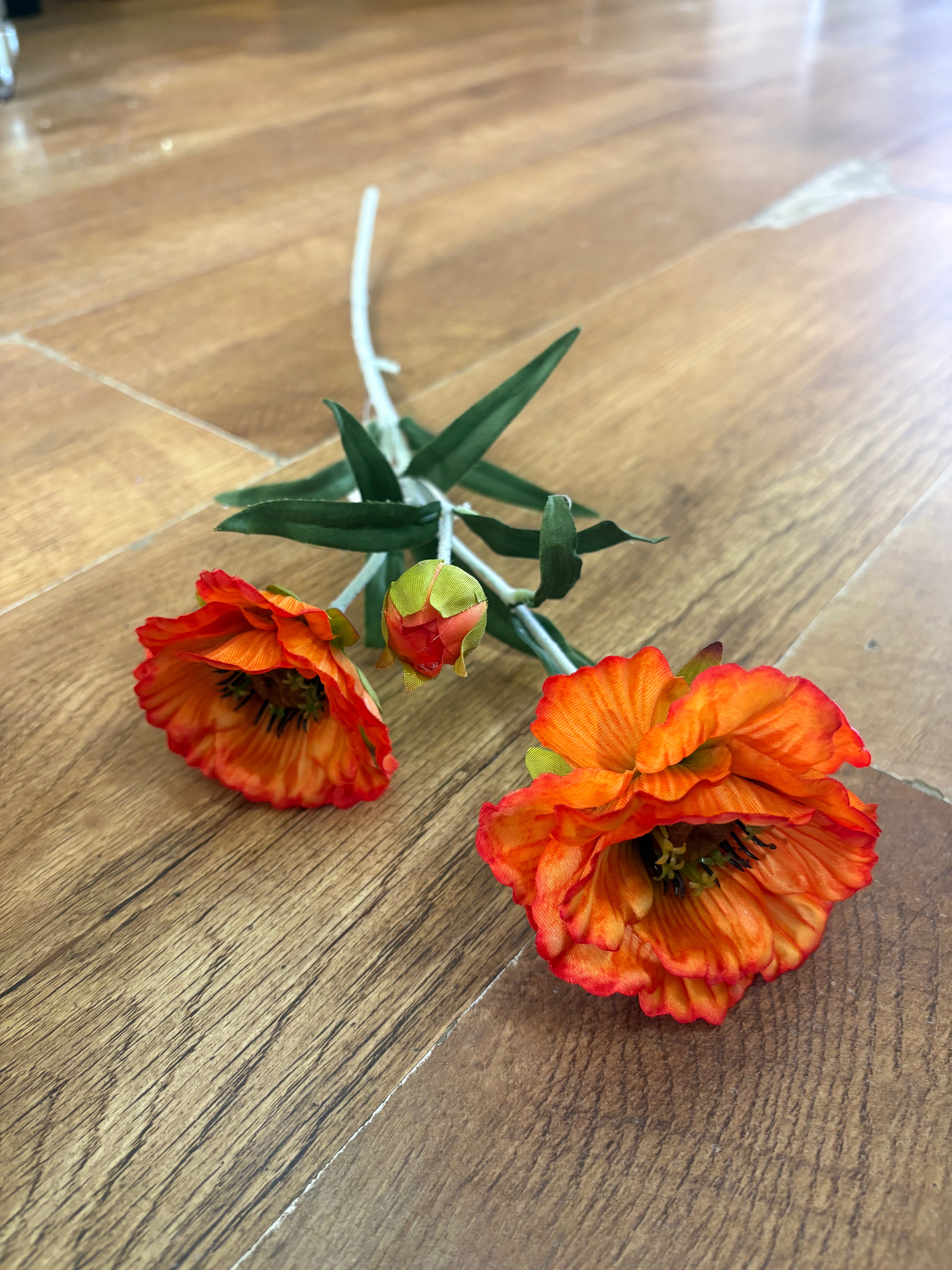Flocked stem orange poppy spray