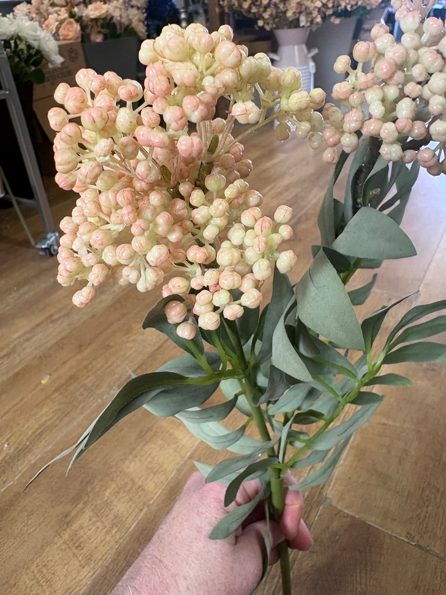 62cm tall pink and cream elderberry spray