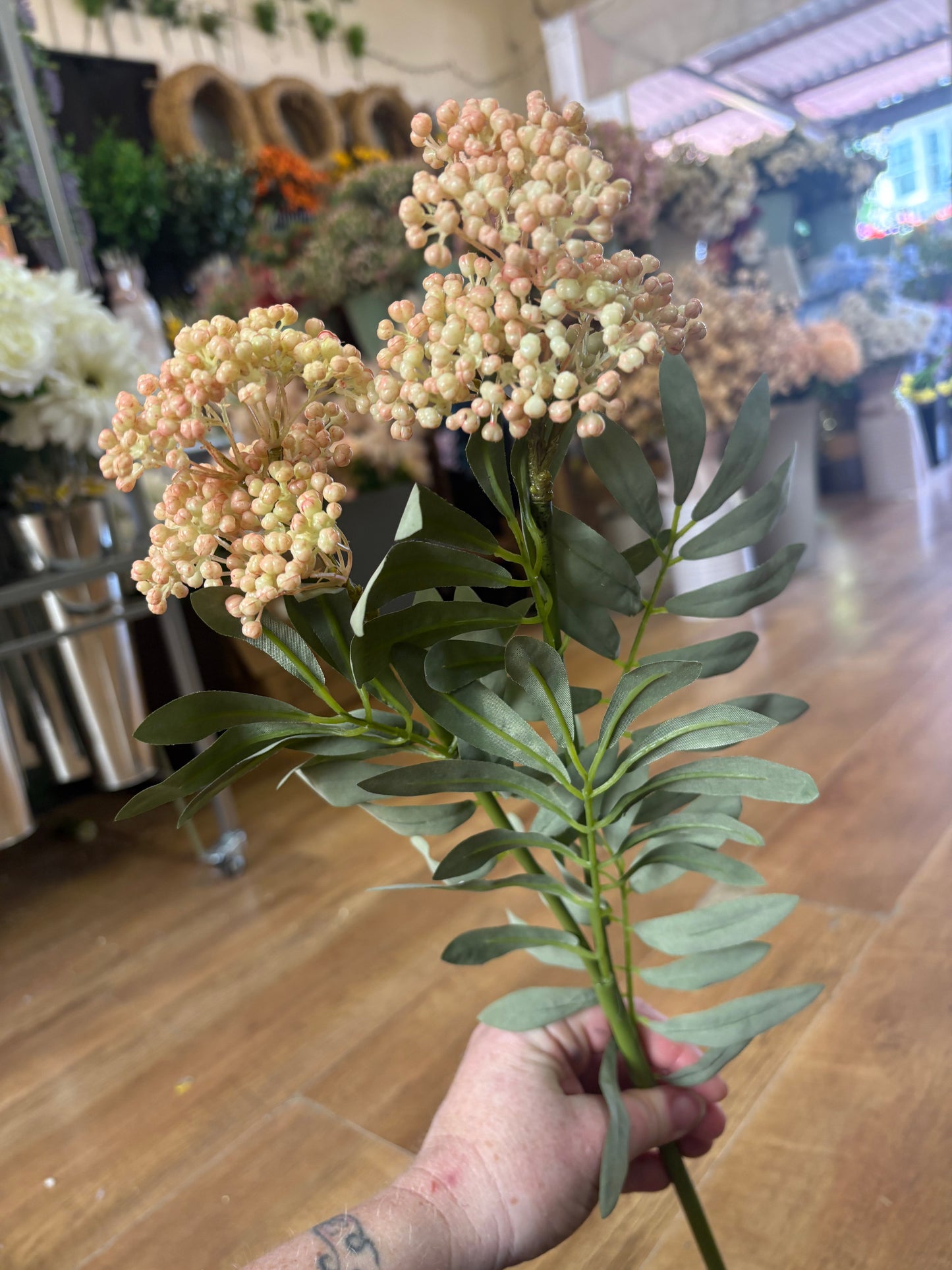 62cm tall pink and cream elderberry spray