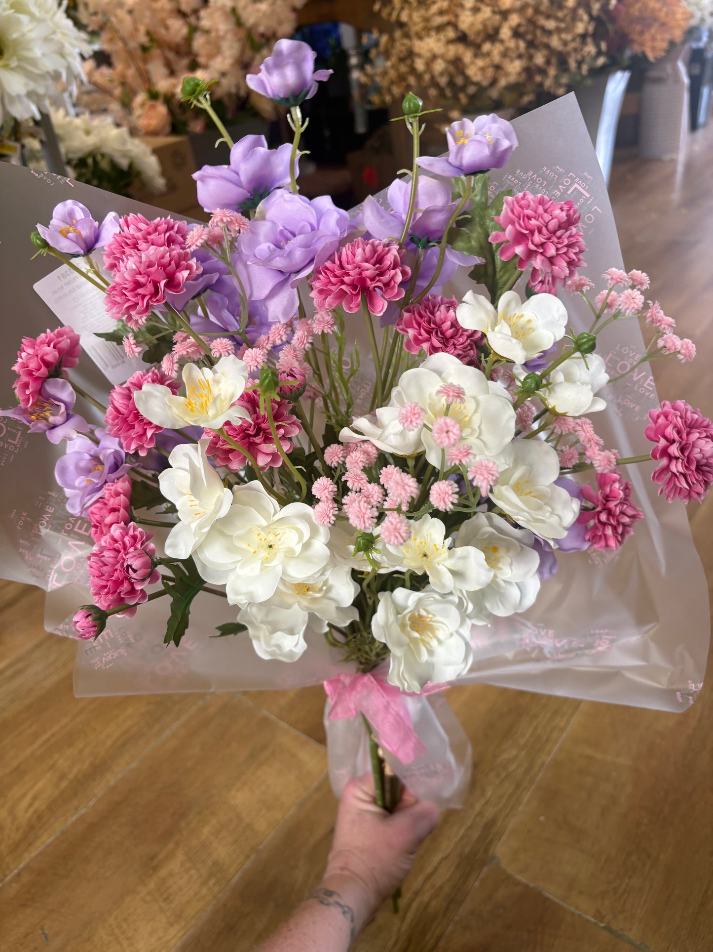 Open front bouquet - pink/lilac/white