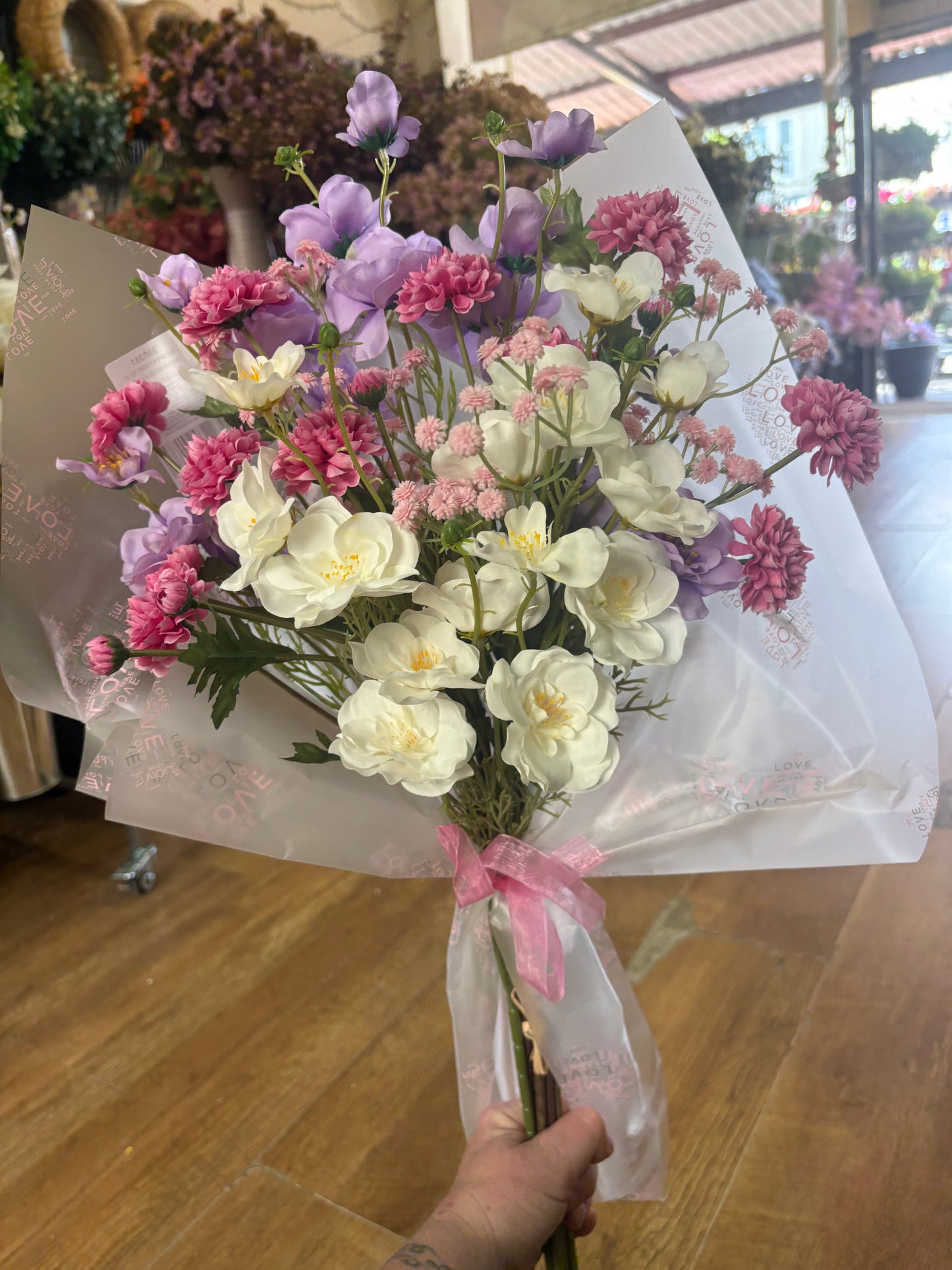 Open front bouquet - pink/lilac/white