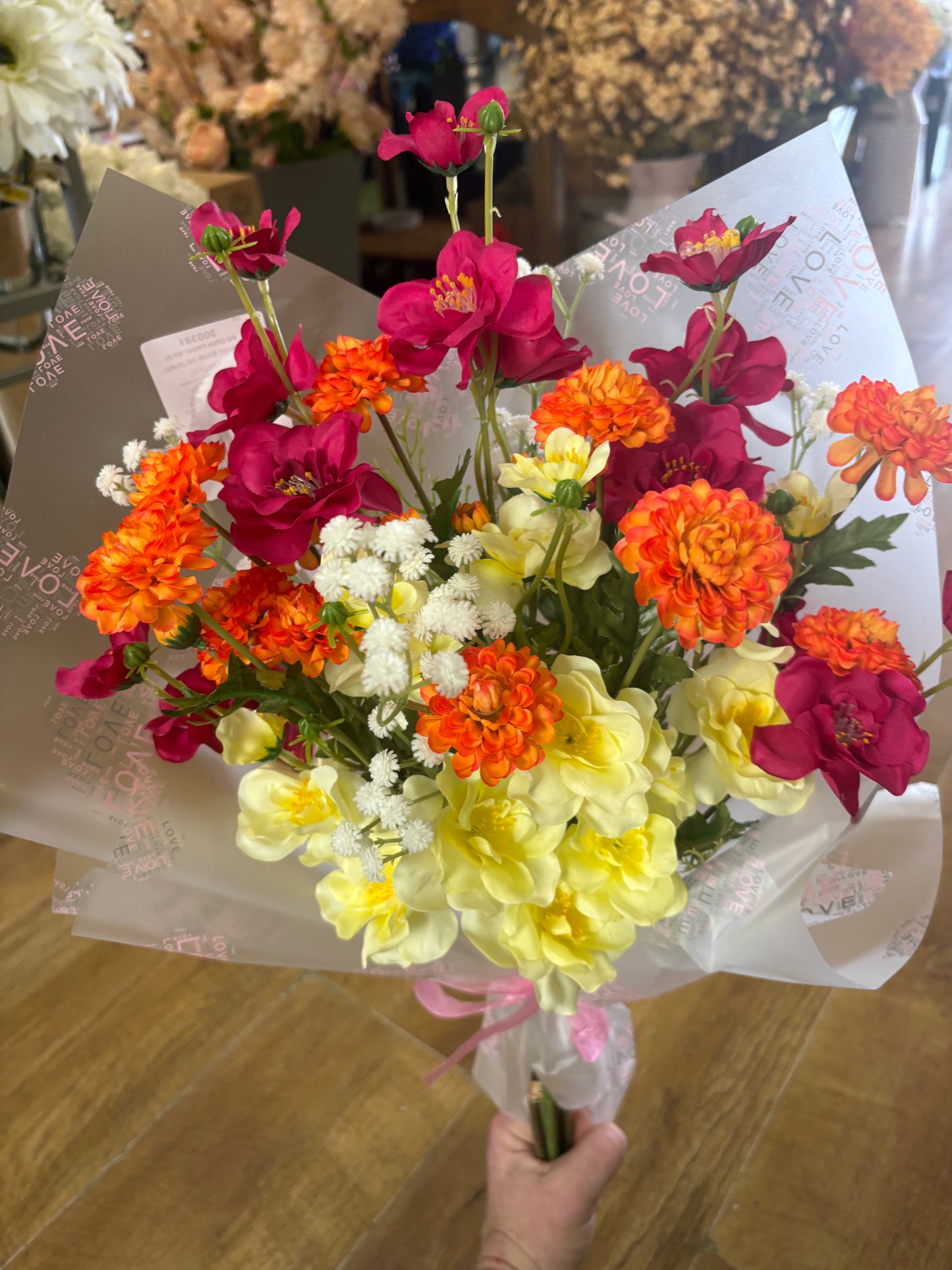 Open front bouquet - cerise/orange/yellow