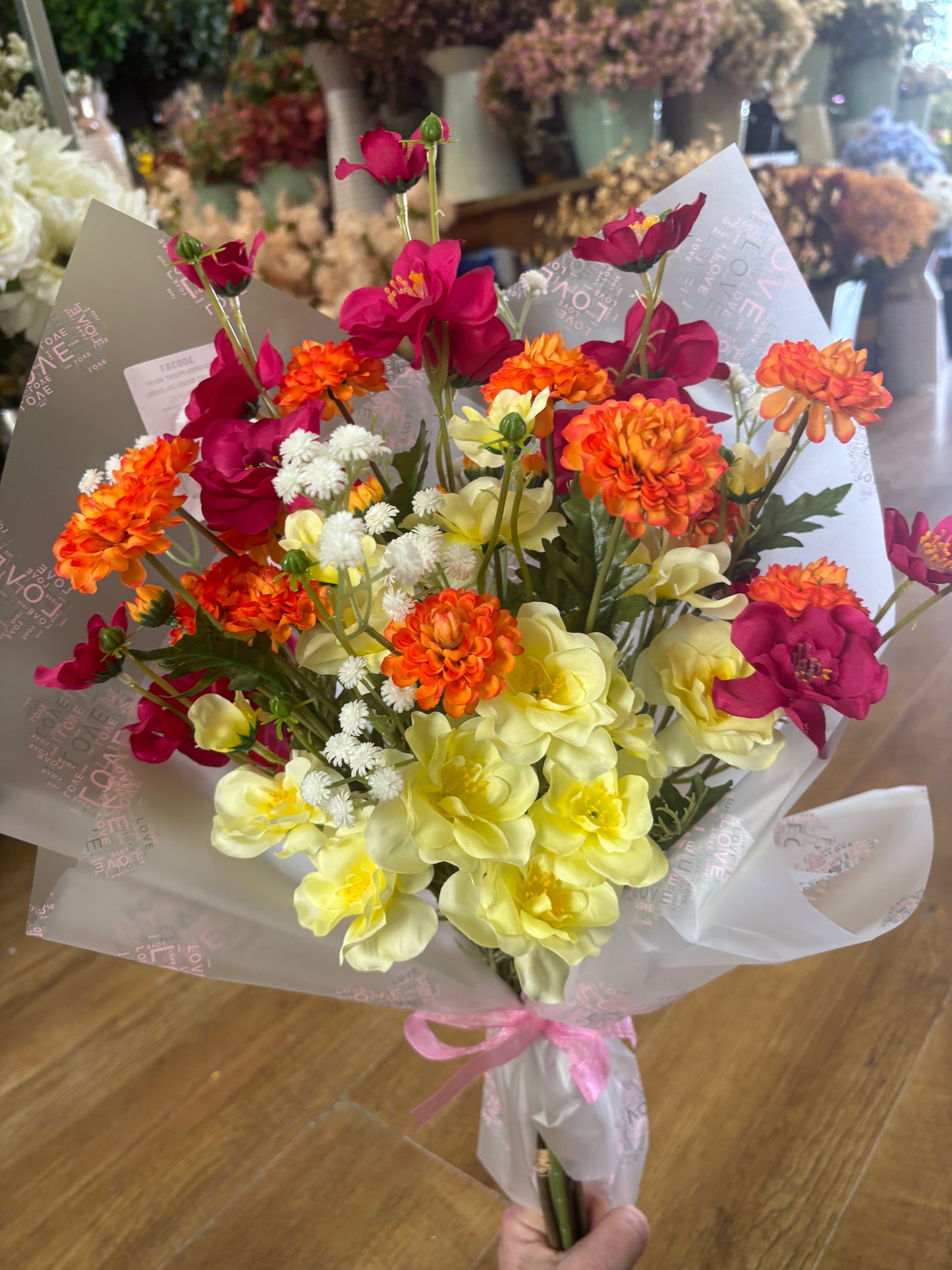 Open front bouquet - cerise/orange/yellow